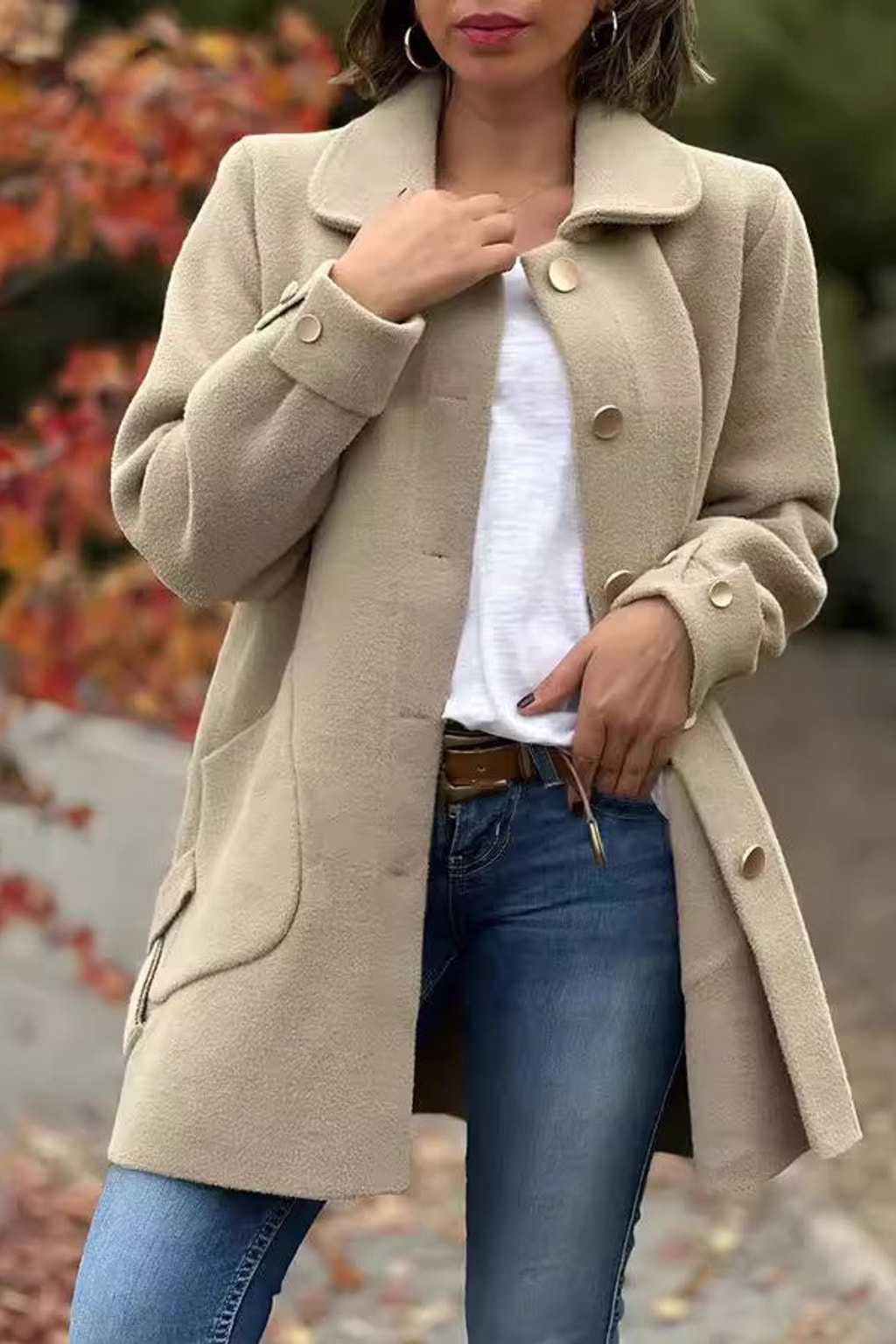 Oversized Buttoned Coat With Patch Pockets - view 4