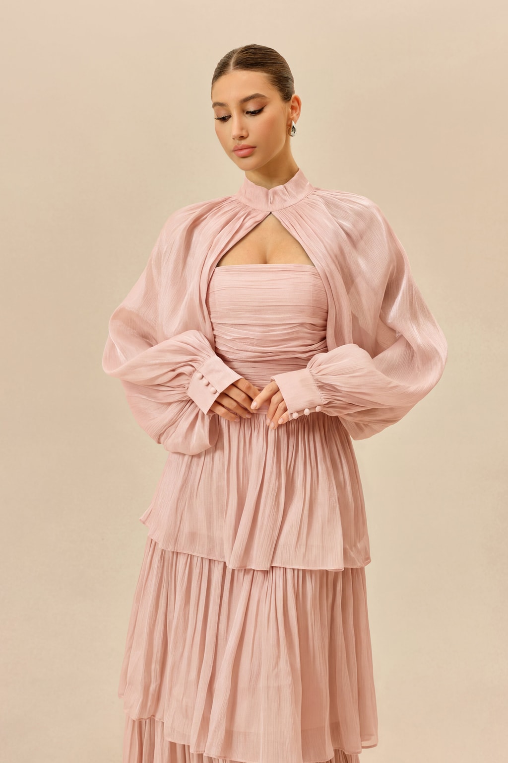Chiffon Tiered Maxi Dress With Puff Sleeves - 3