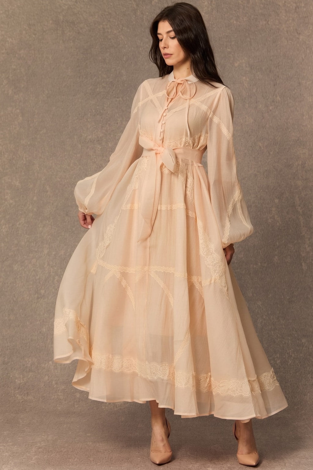 Lace Panel Maxi Dress with Tie-Neck Bow - 3