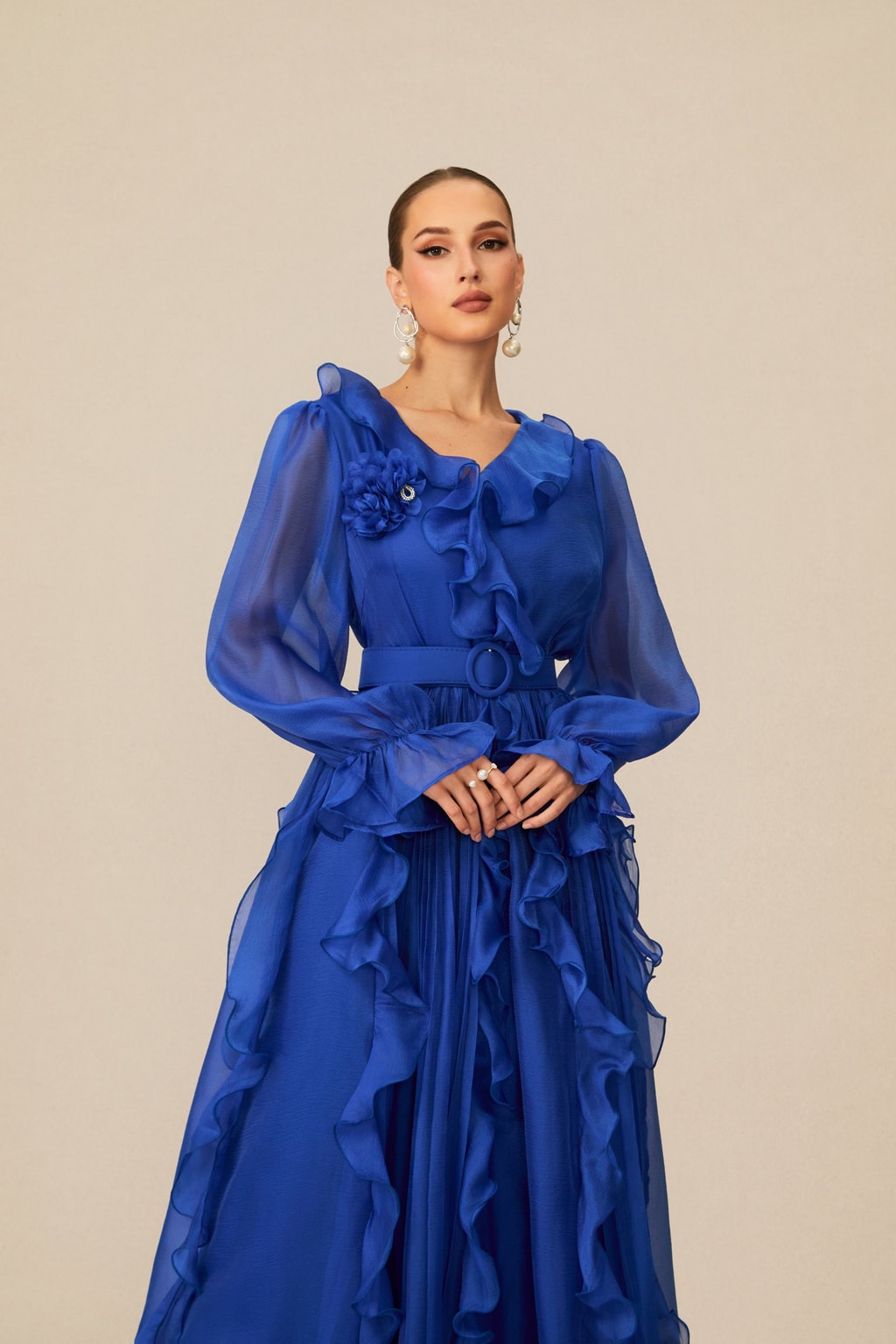 Cobalt Blue Ruffle-Trim Maxi Dress V-Neck Formal Gown - 3