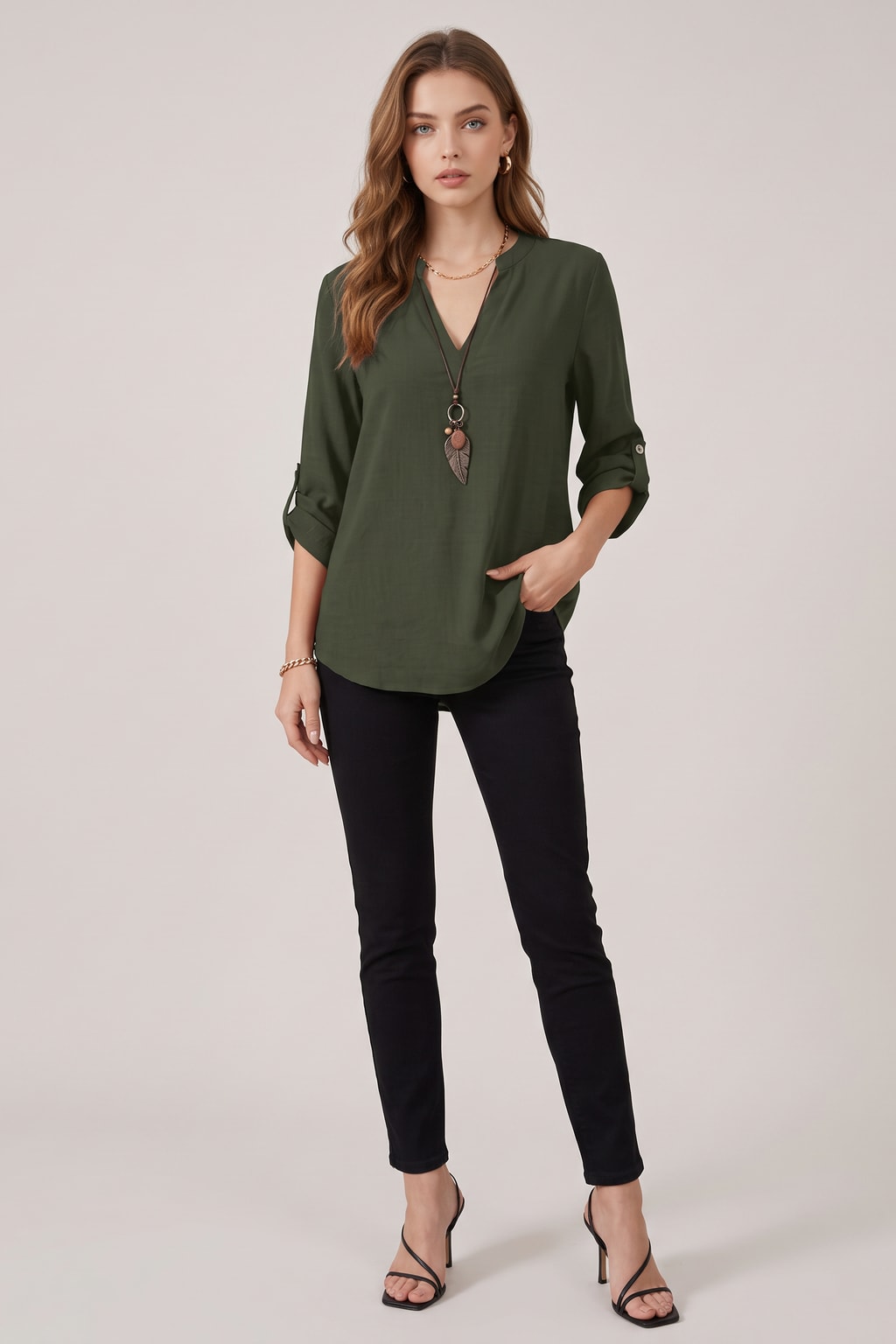 Elegance V-Neck Blouse With Roll-Tab Sleeves - 3