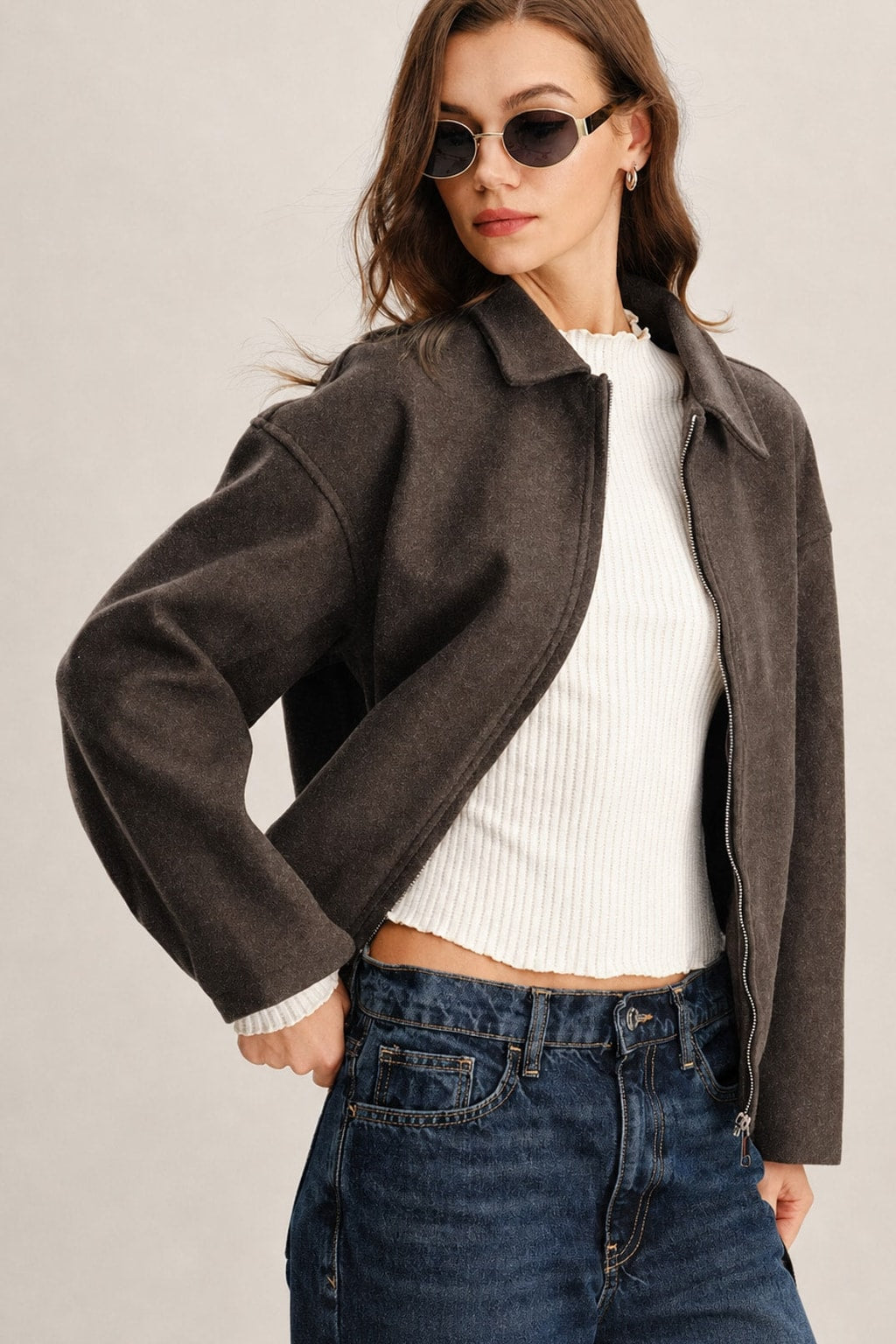 Polyester Zip Jacket with Pockets In Coffee - 4