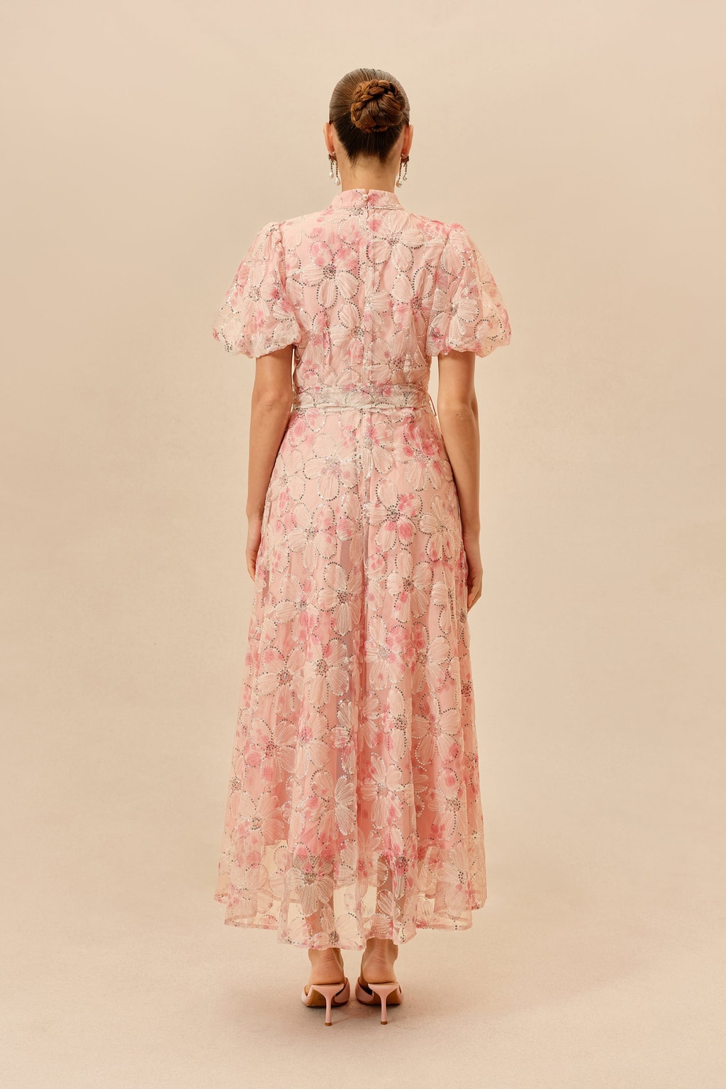 Floral Sequin Maxi Dress Puff Sleeve Tie-Waist Gown - 4