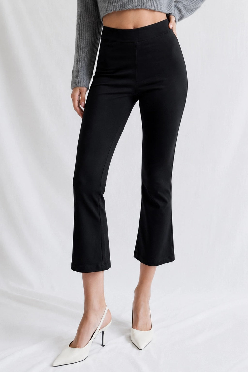 Black Stretch Woven Flared Ankle Pants - 4