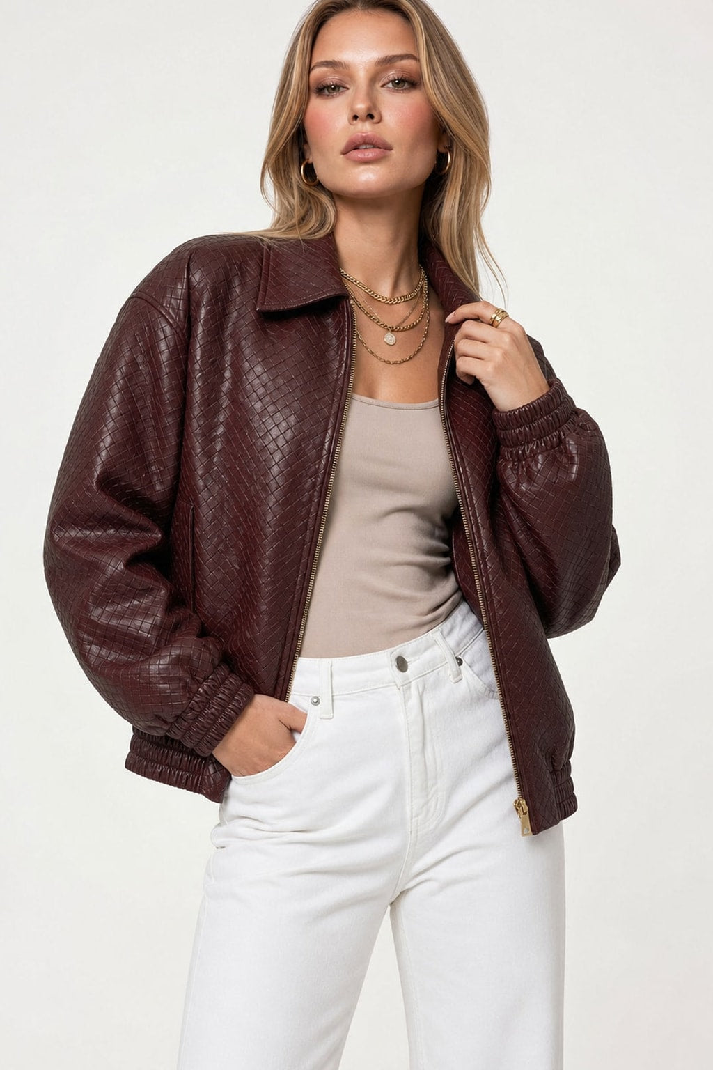 Faux Leather Bomber Jacket in Burgundy - 4