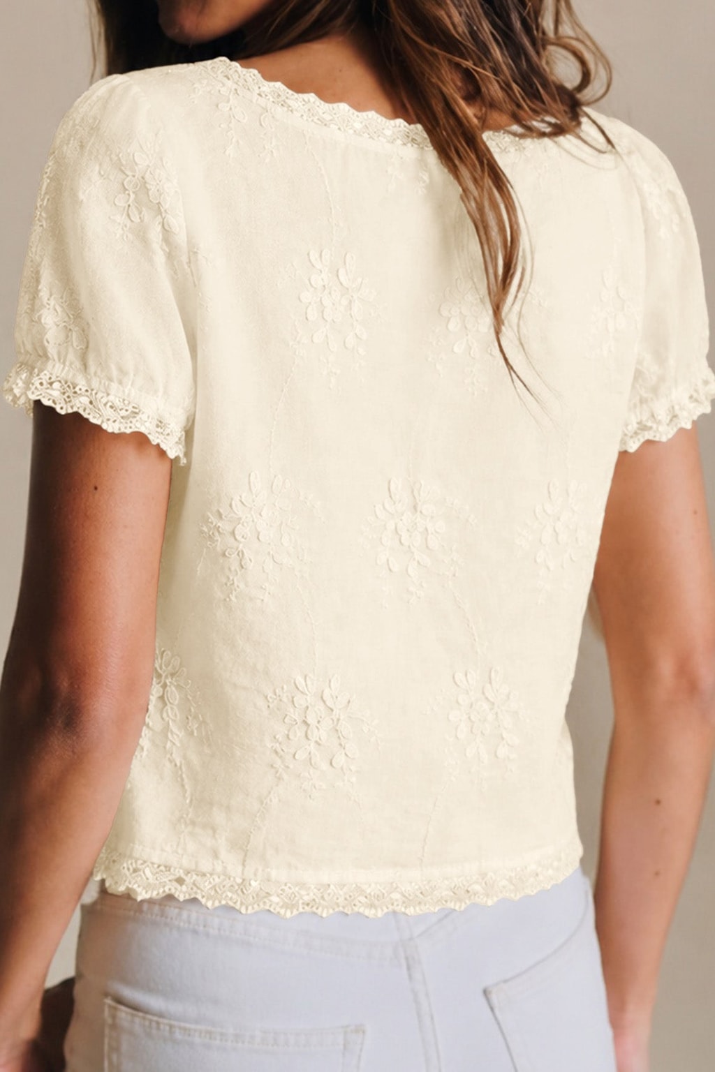 Floral Square Neck Tee With Button-Front Lace Trim - 4