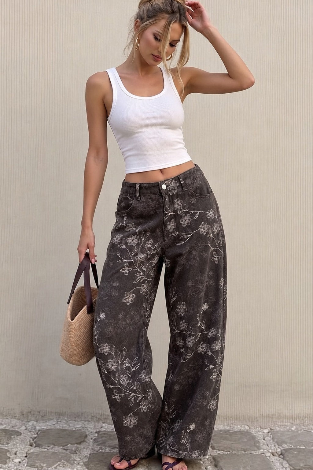 Cotton Blend Floral Pocket Barrel Jeans - 4