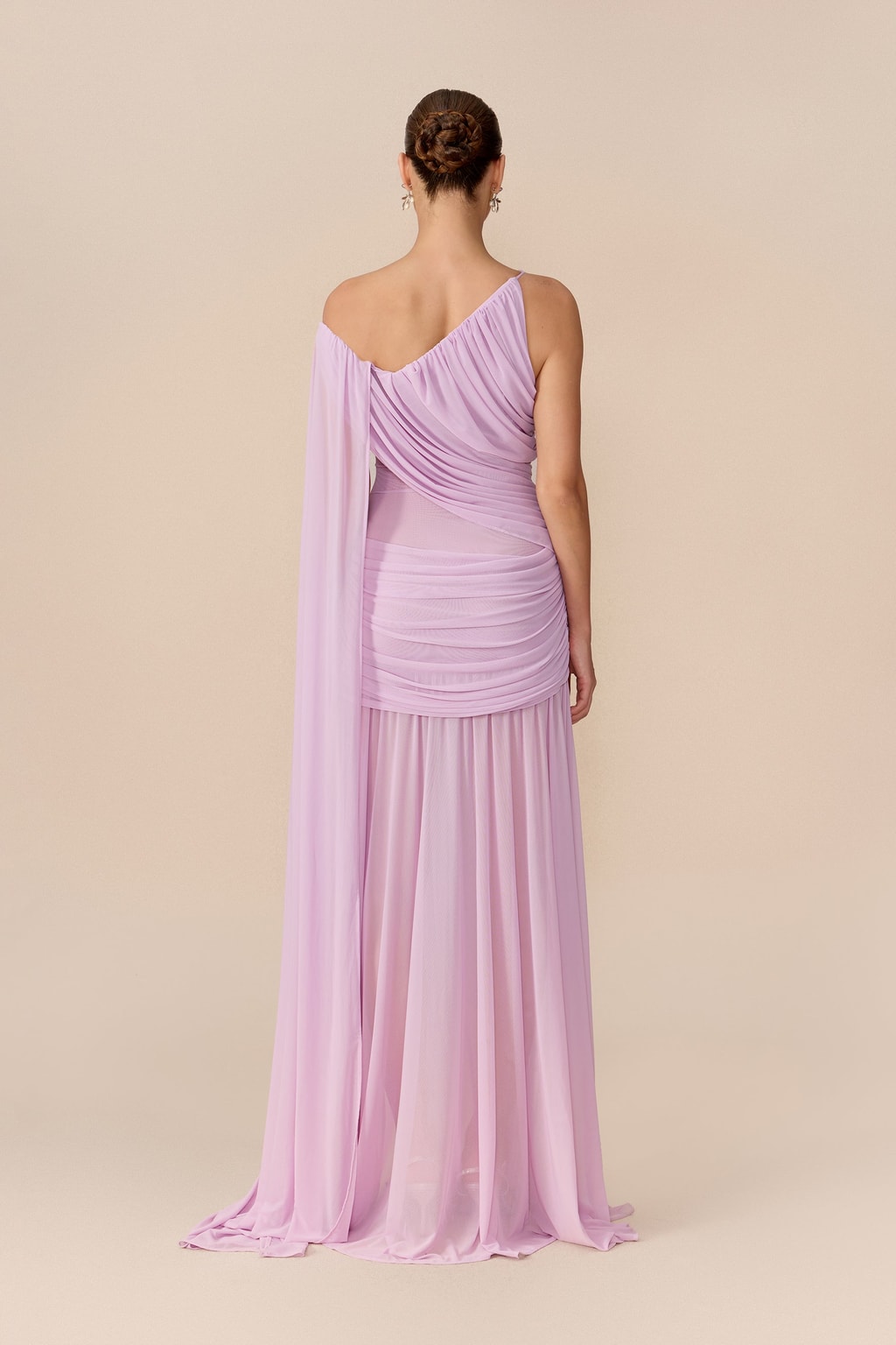 Mesh Maxi Dress With Asymmetric Cape Sleeve - 4