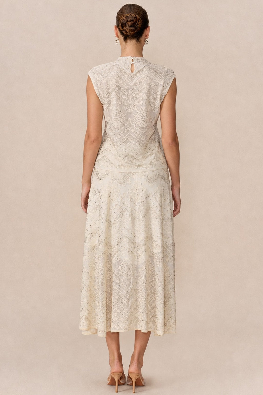 Lace Cropped Top And Flared Skirt Set - 4