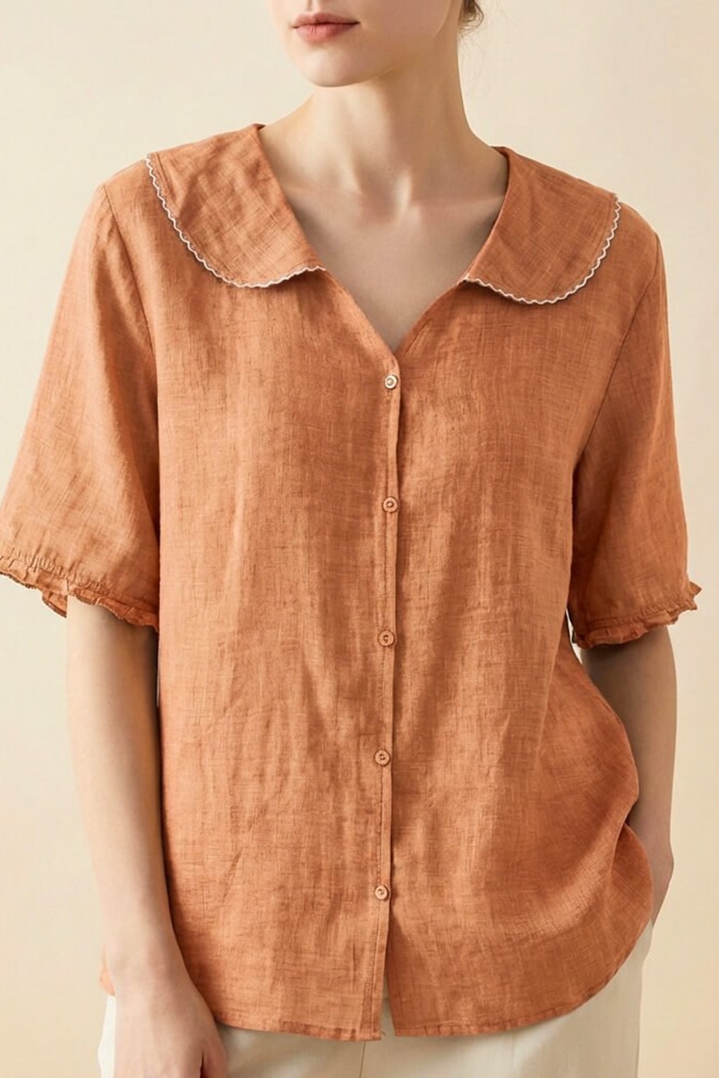 Effortless Cotton Linen Blouse With Scalloped Collar Detail - 4