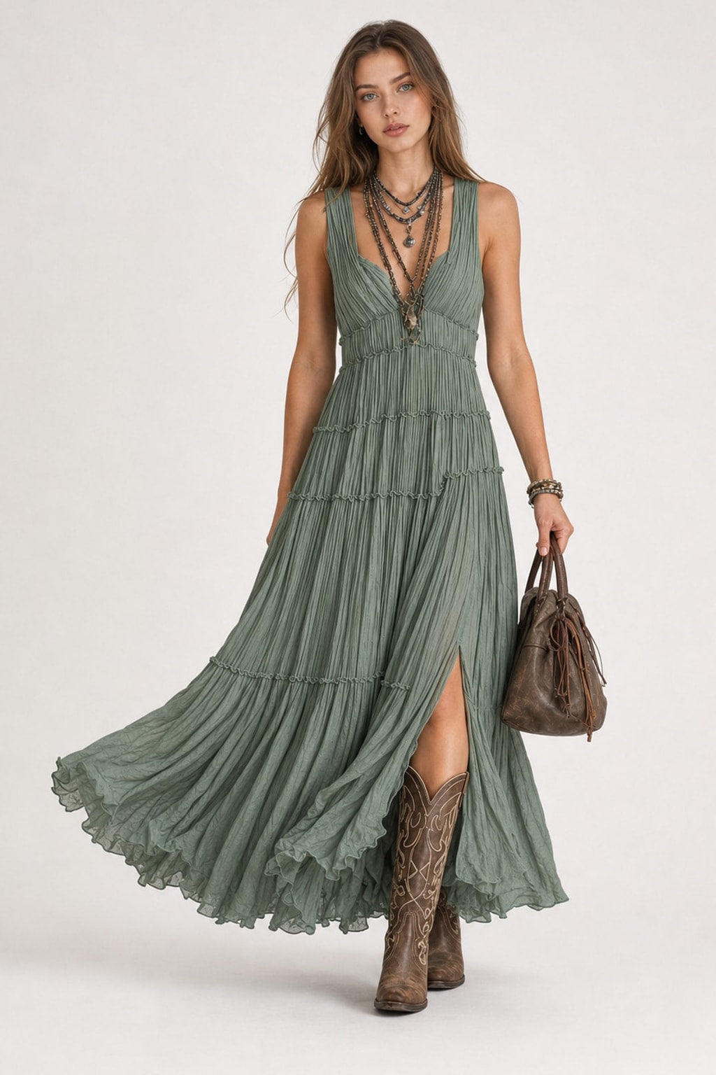 Effortless Pleated V-Neck Maxi Dress With Tiered Skirt - 4