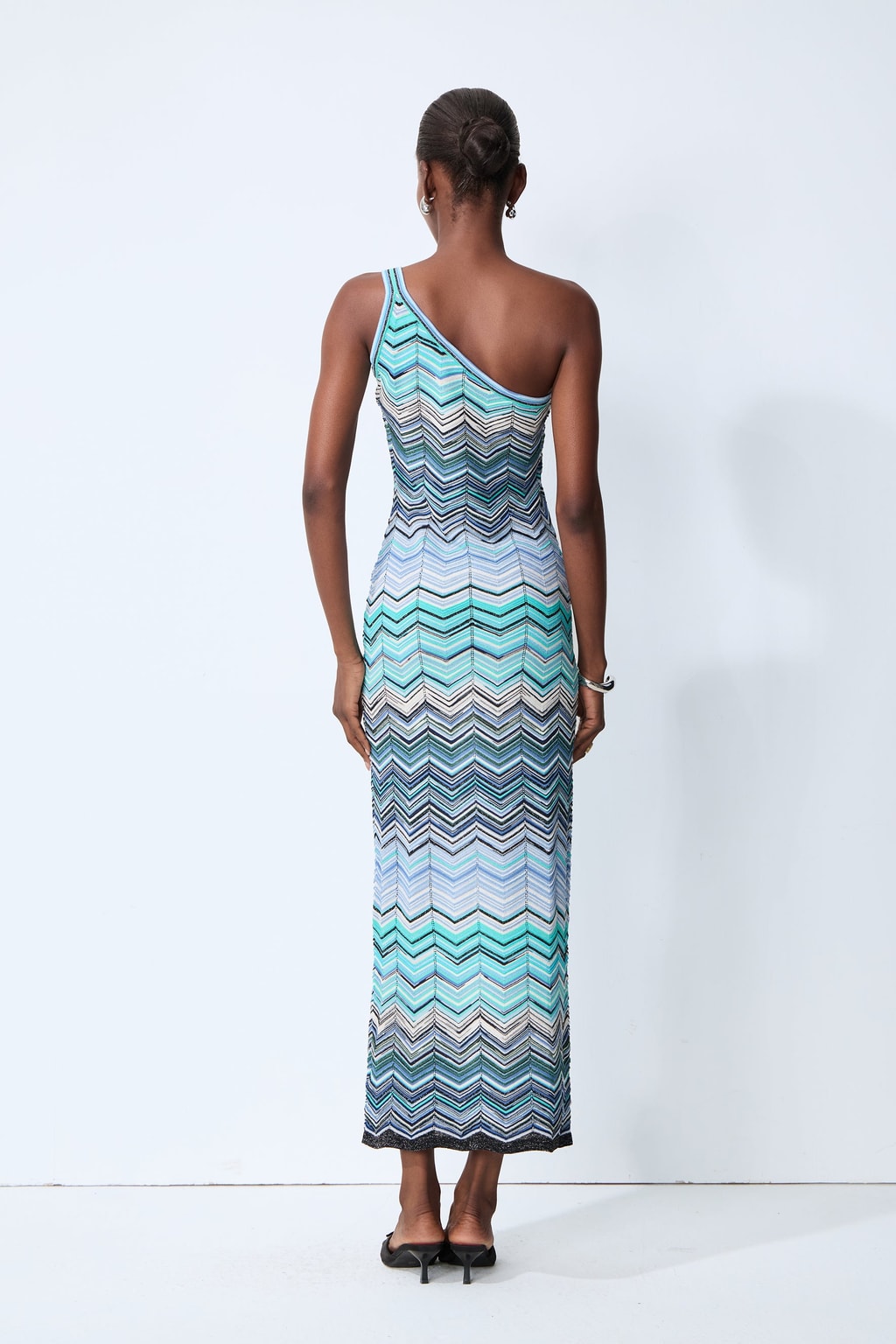 Knit Chevron One Shoulder Midi Dress - 4