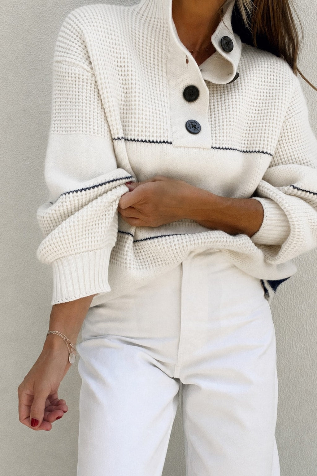 Knit Open-Collar Button-Up Sweater - 4