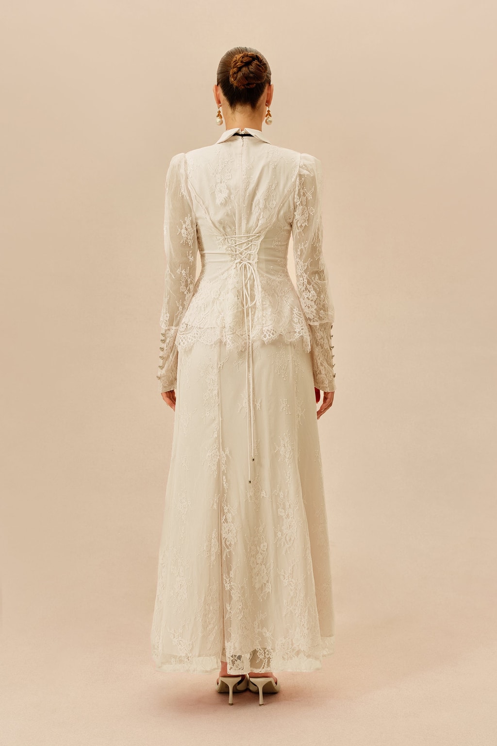 Lace Two-Piece Set With Shirt Collar and Tie Detail - 4