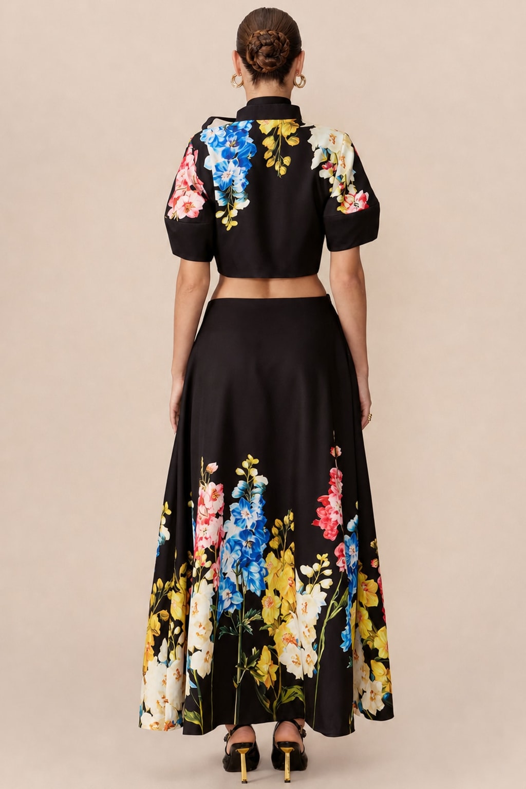 Floral Print Tie Neck Crop Top And Skirt Set - 4