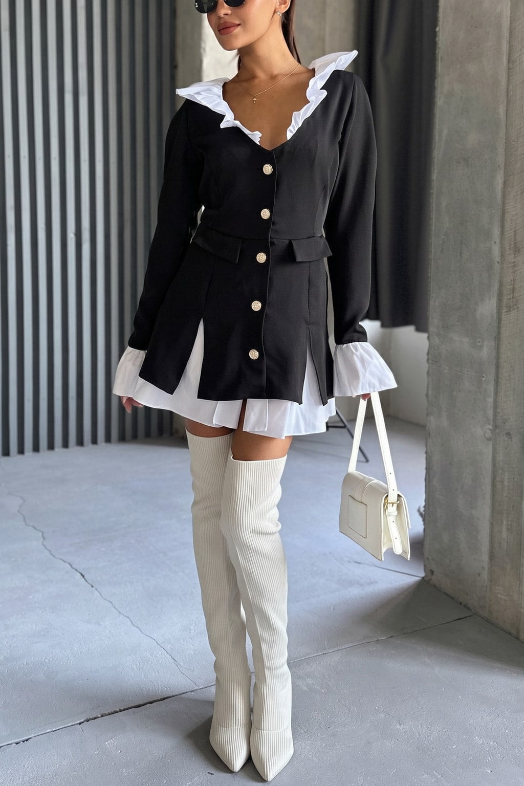 White Mini Dress With Ruffled Blazer Front - 4
