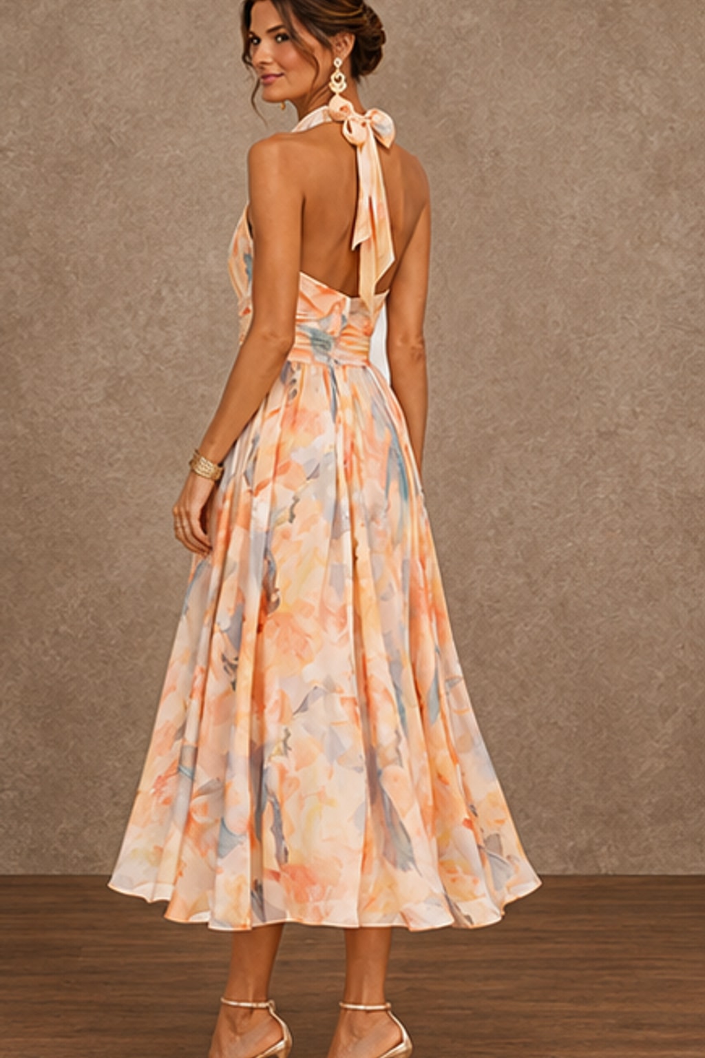 Elegant Watercolor Print Halter Maxi Dress - 4