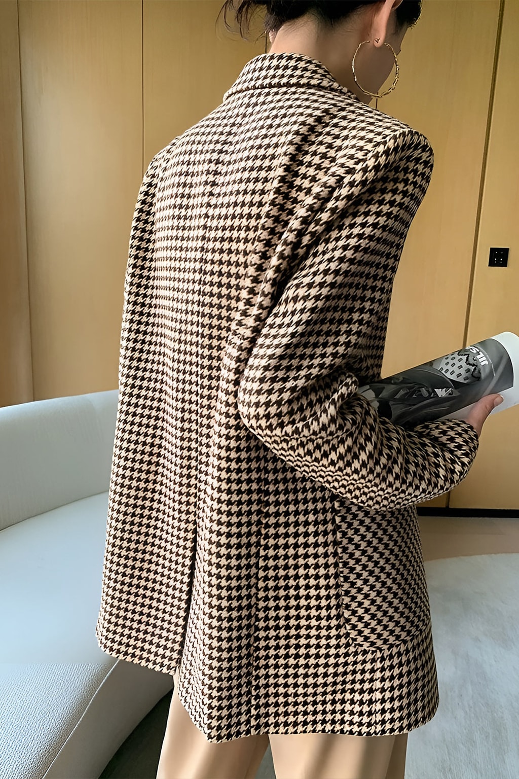 Khaki Houndstooth Blazer With Belt - 4