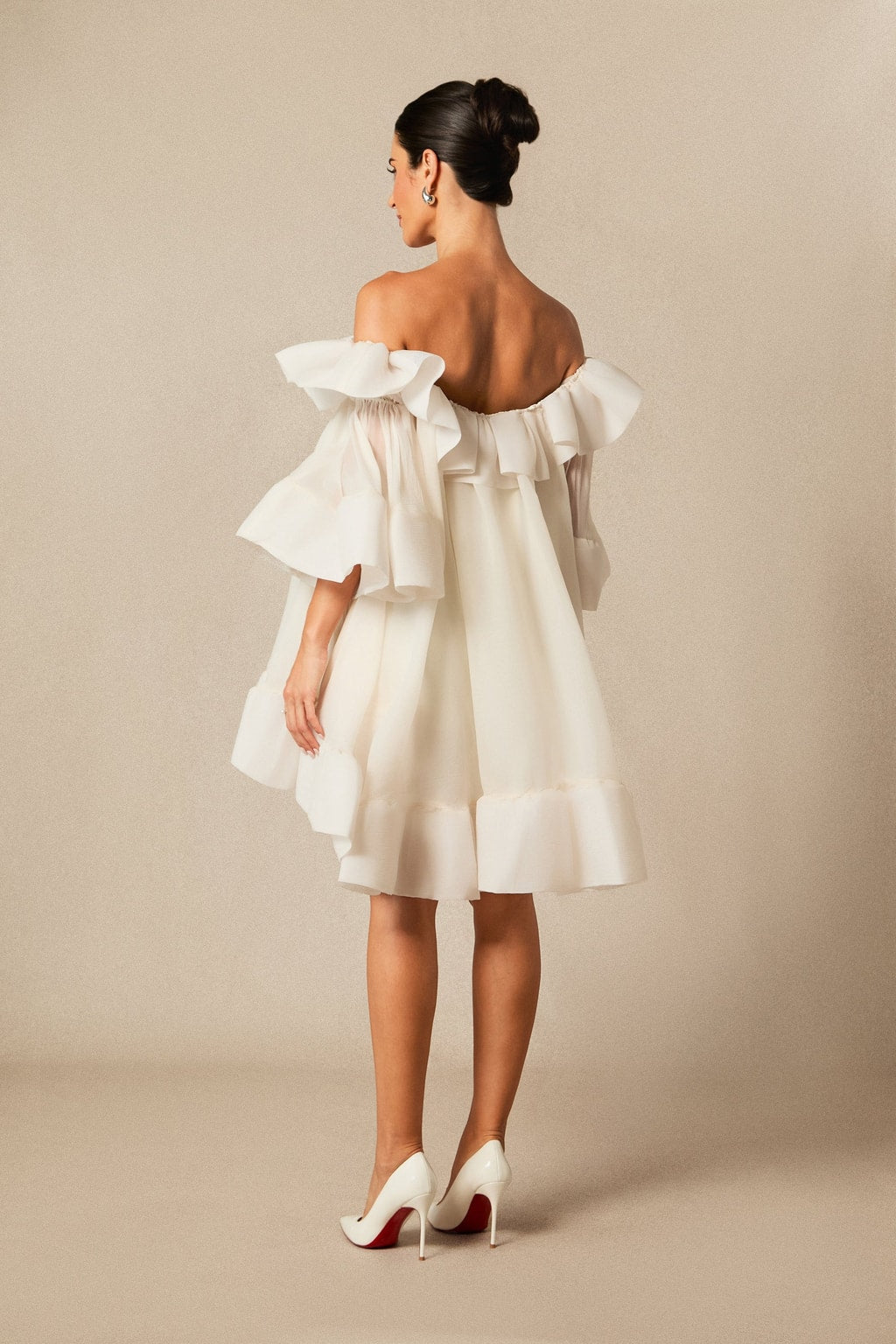 Off-Shoulder Ruffle Mini Dress With Puff Sleeves - 4