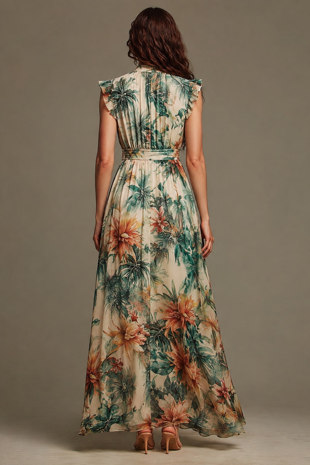 Green Botanical Chiffon Maxi Dress, Ruffle V-Neck - view 4