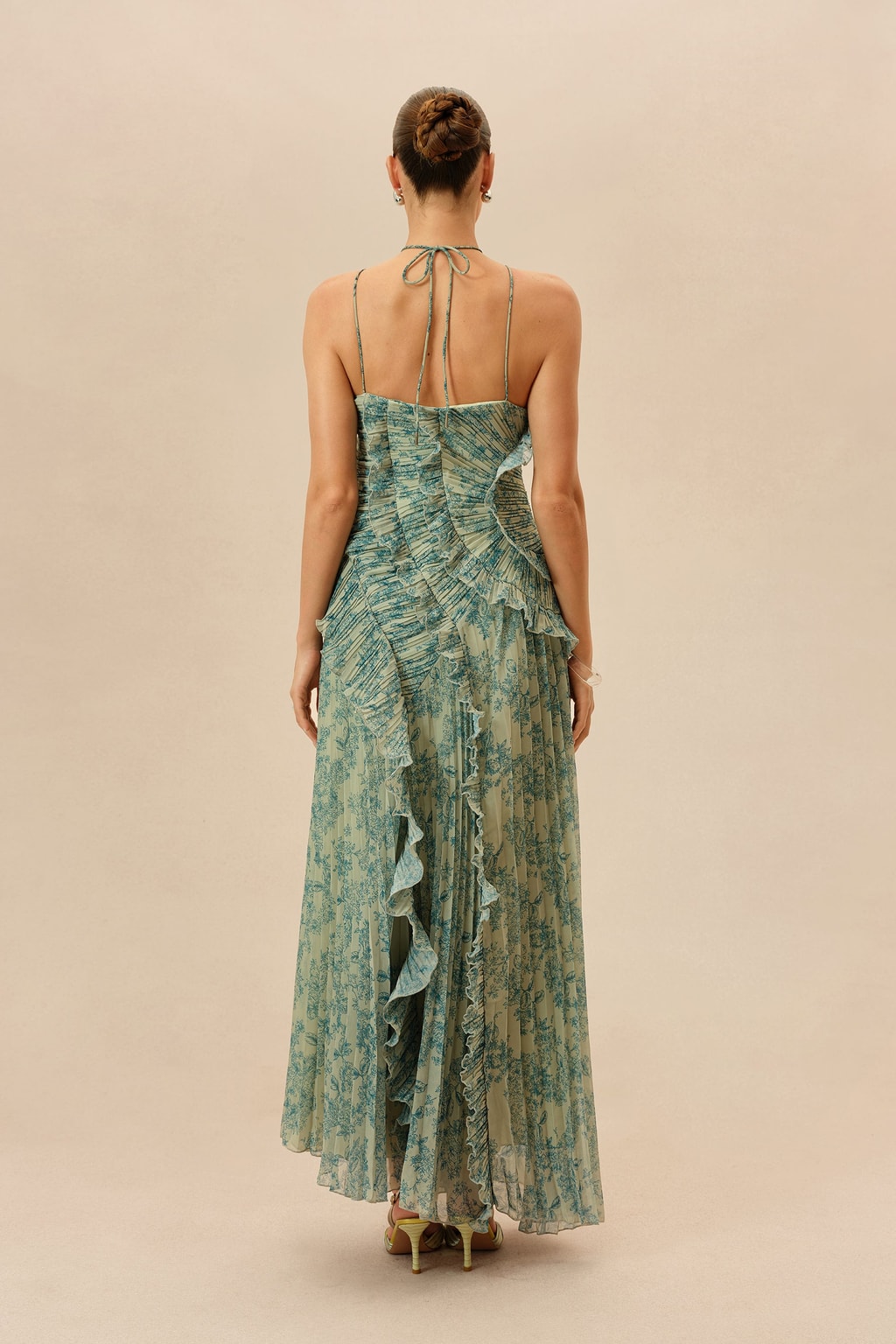 Floral Print Chiffon Maxi Dress With Ruffle Trim & Halter Tie - 4