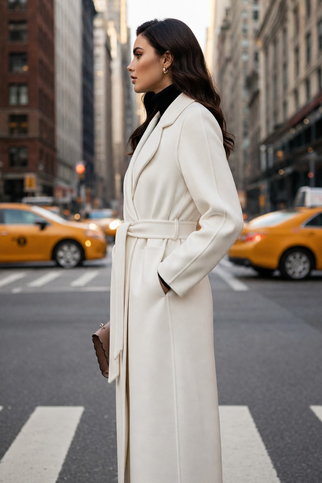 Warm White Belted Wrap Coat with Wide Lapel - 4