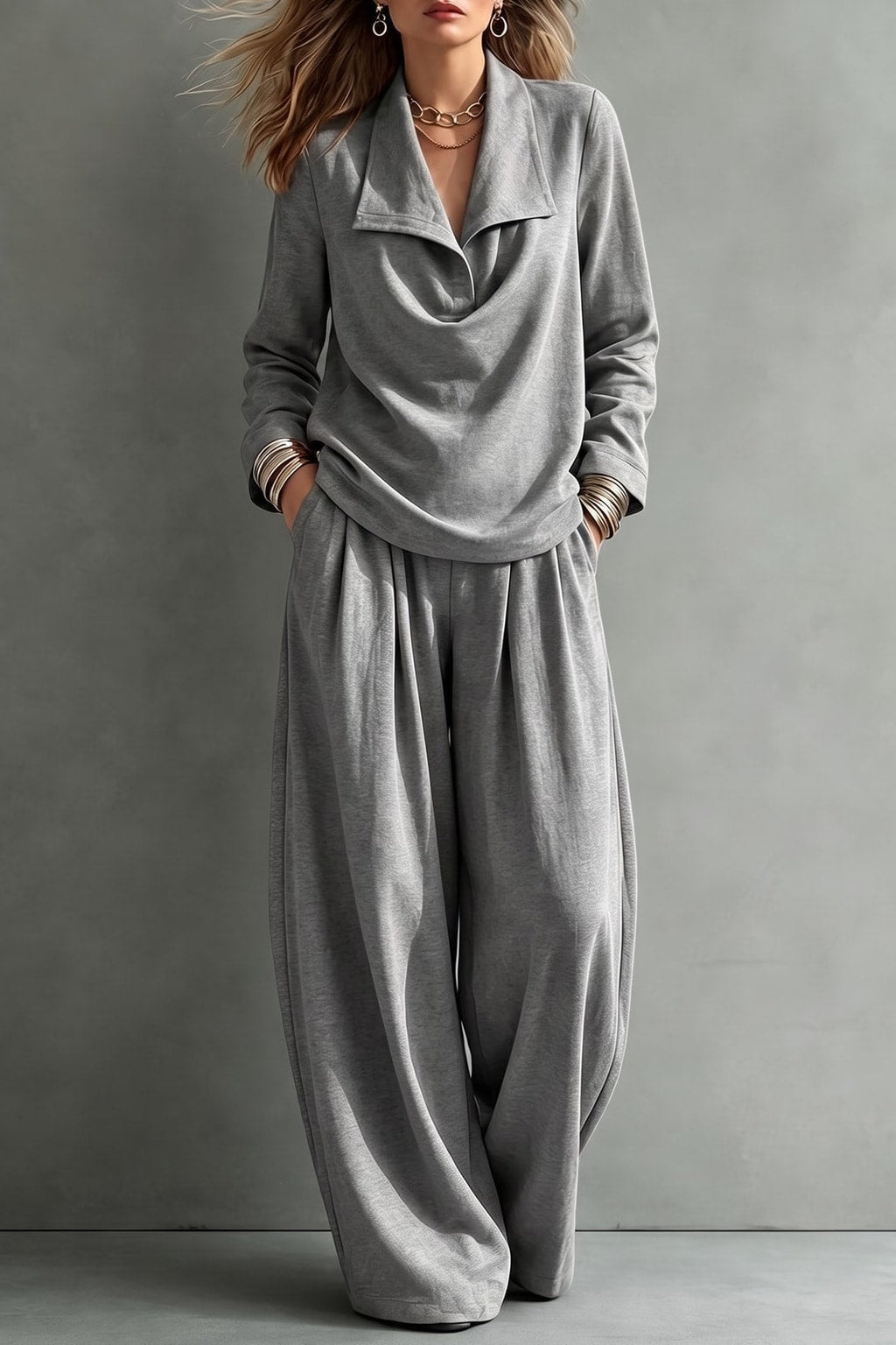 Effortless Polyester Lapel Blouse and Wide-Leg Trouser Two-Piece Set - 4