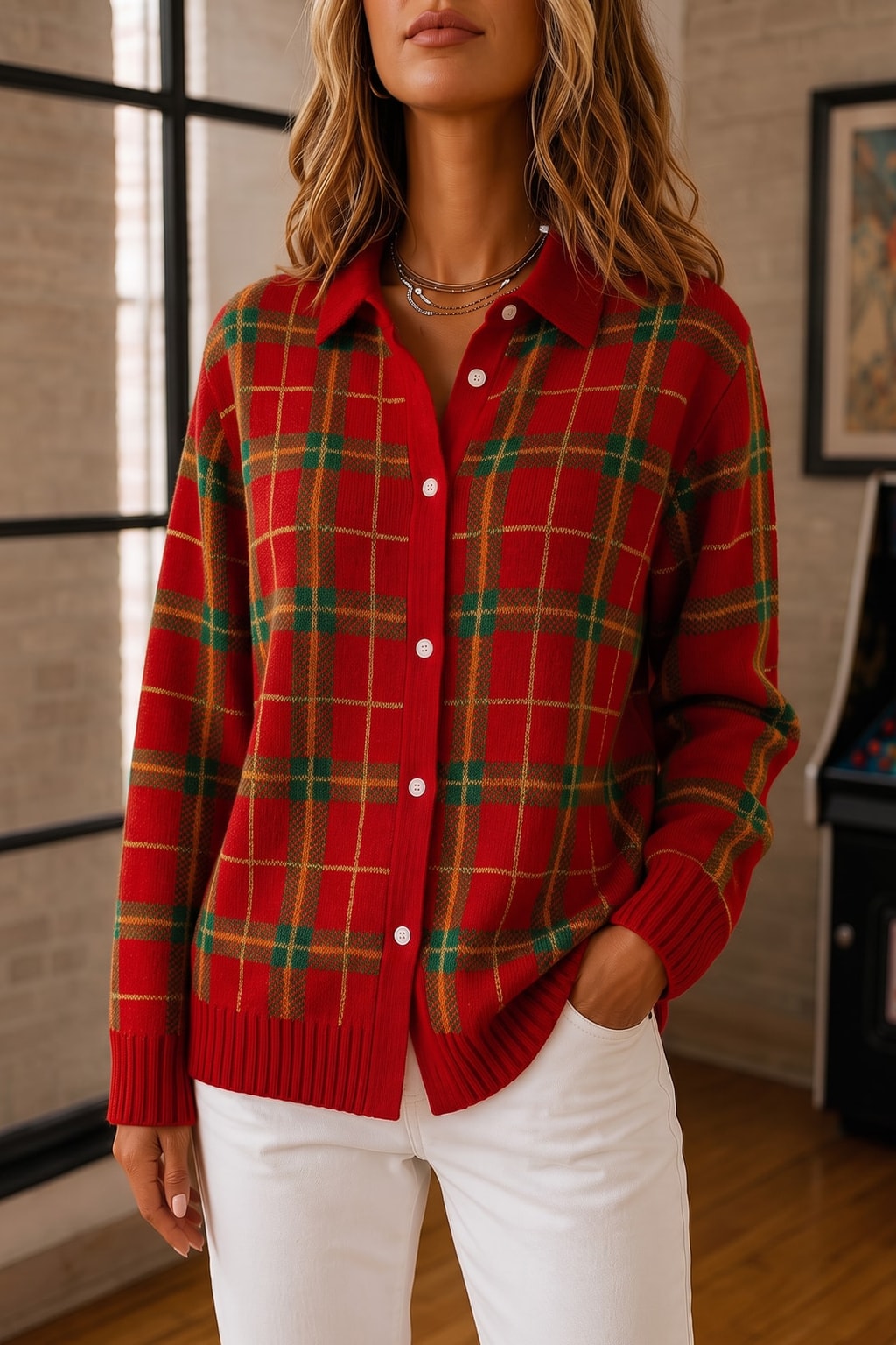 Cozy Textured Plaid Knit Button-Front Sweater - 4