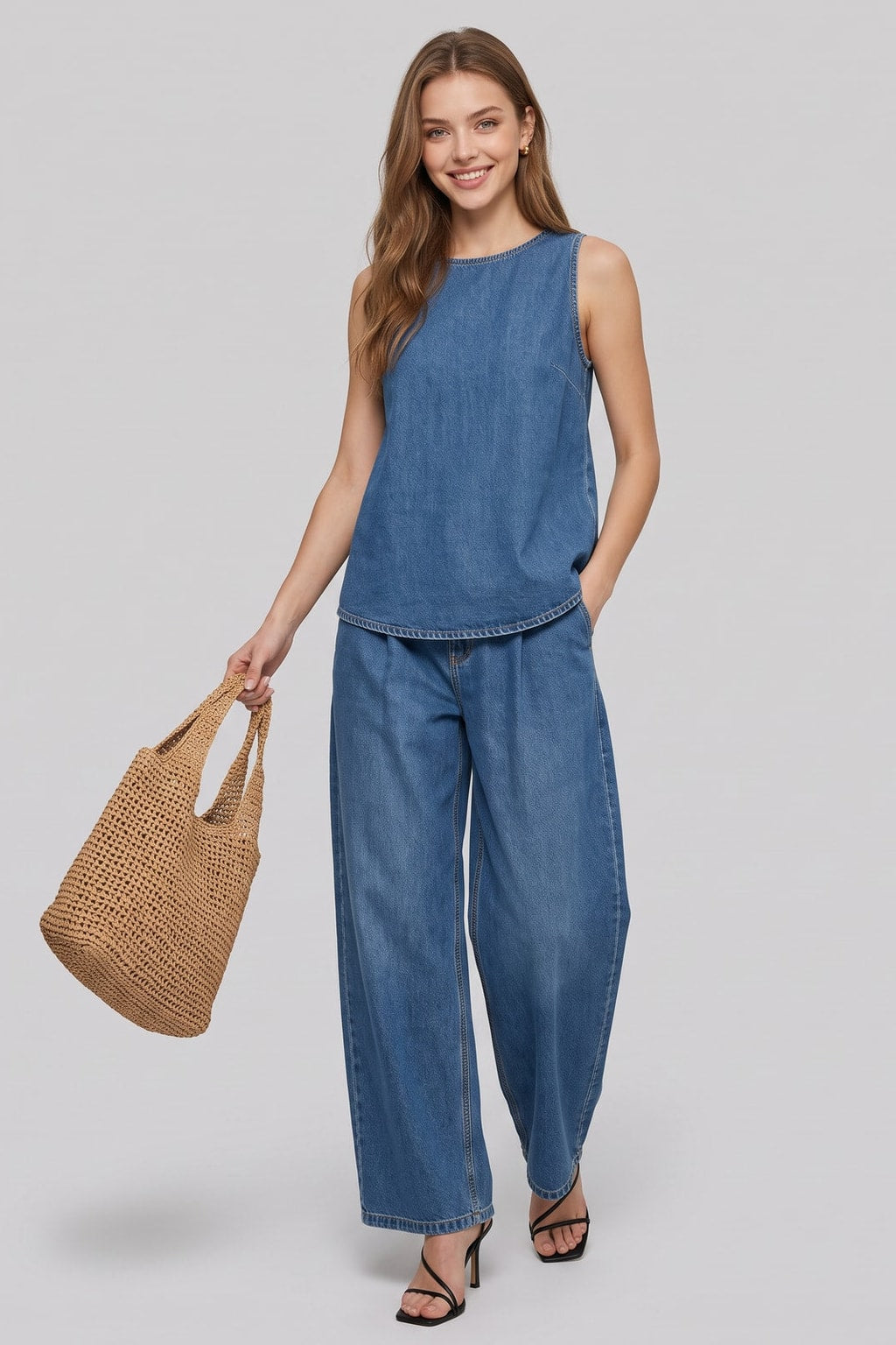 Denim Wide Leg Pants With Pockets - 4