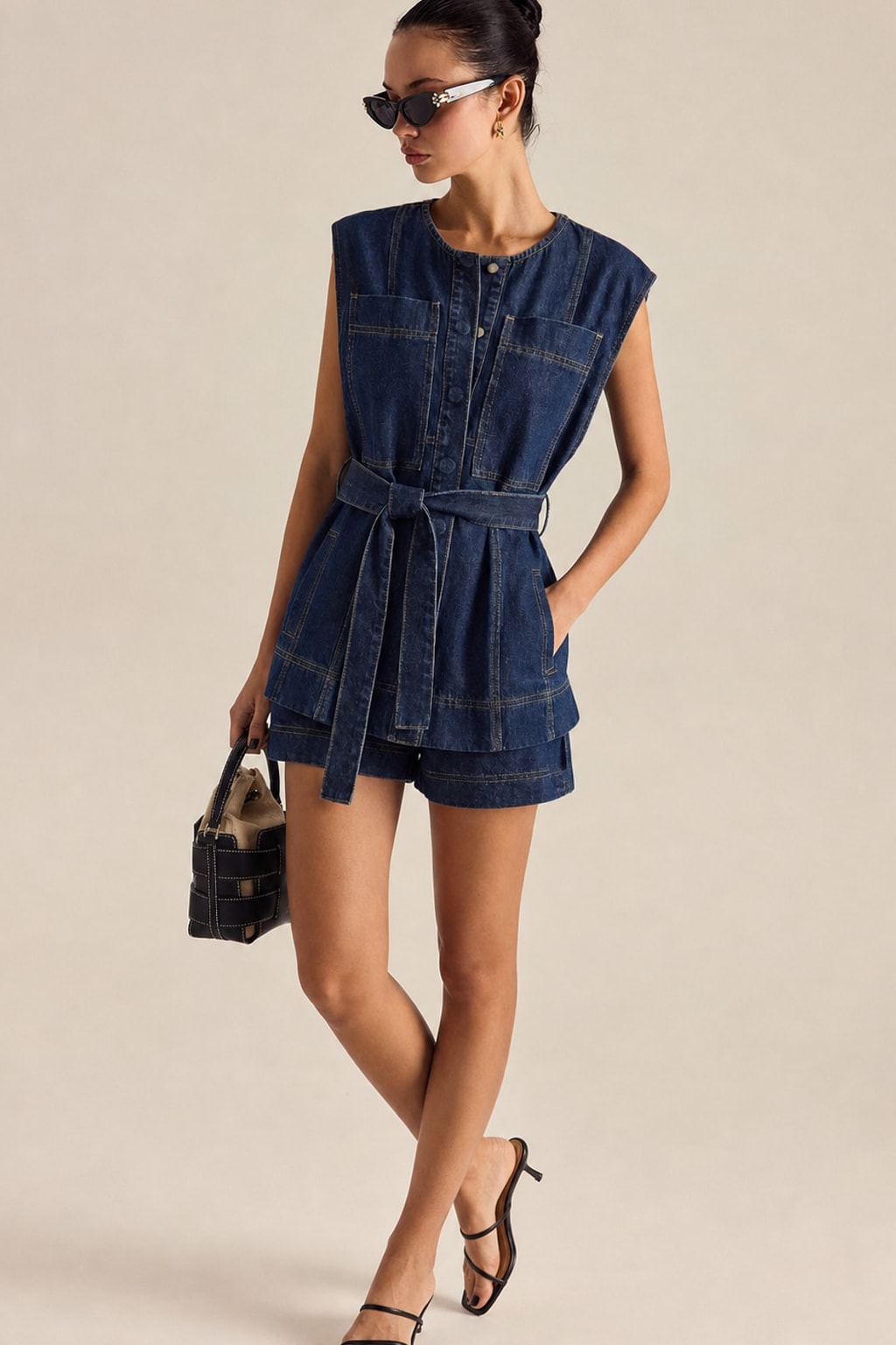 Denim Belted Vest And Shorts Set - 4