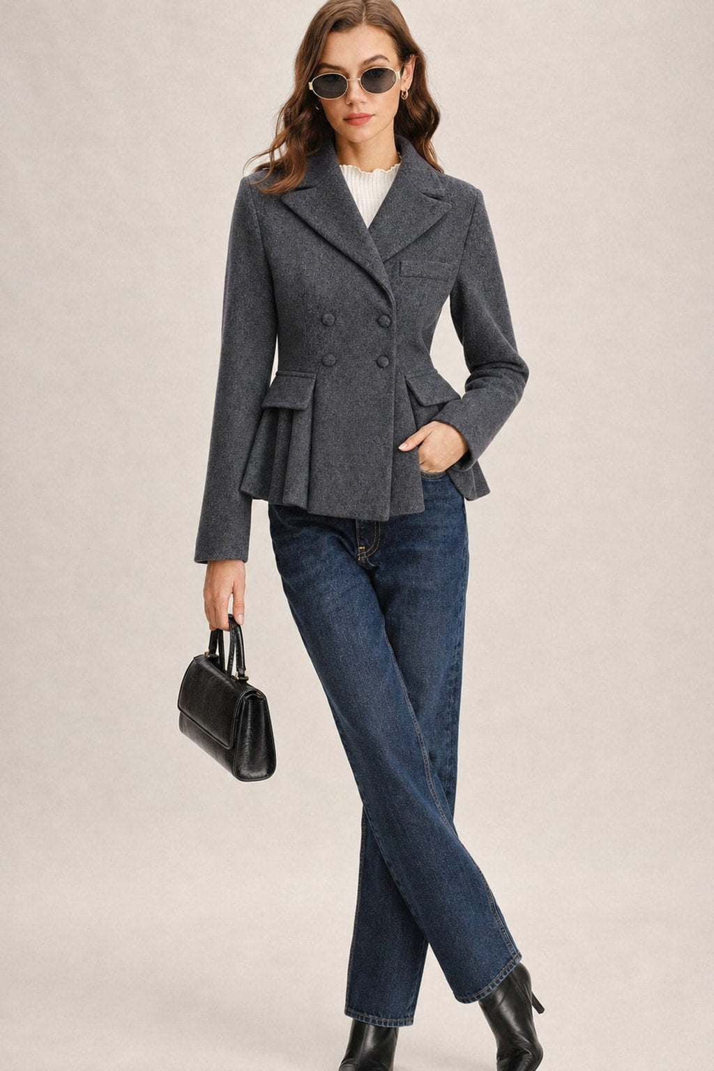 Grey Polyester Double-Breasted Blazer - 4
