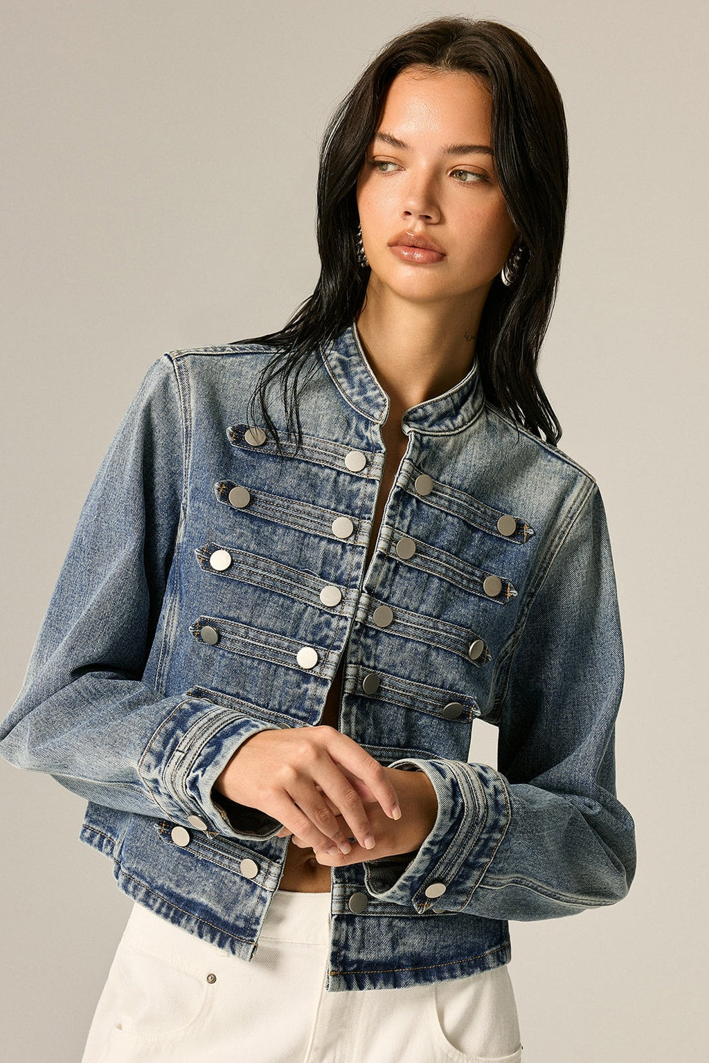 Denim Jacket With Mandarin Collar - 4