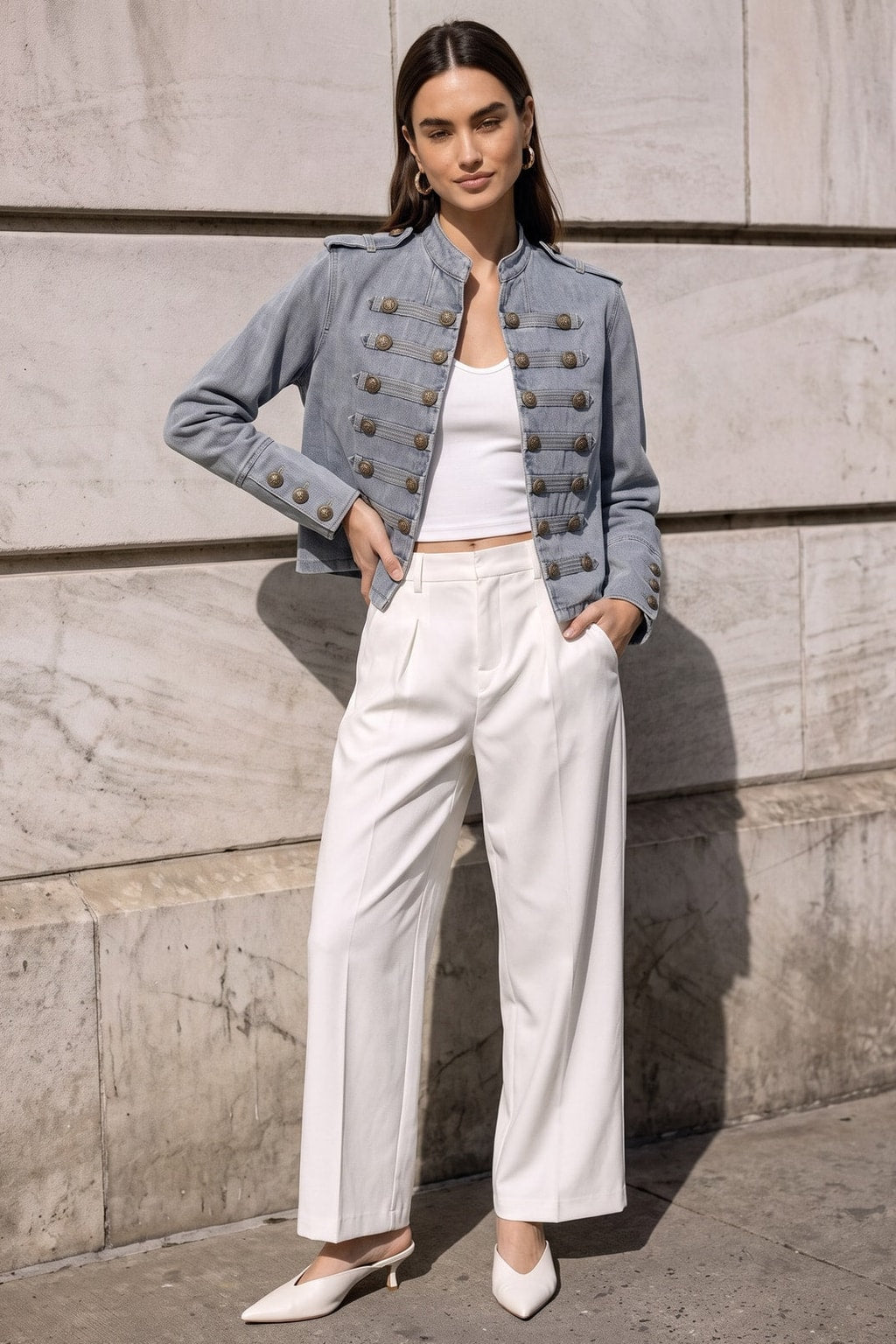 Denim Round Neck Jacket With Metallic Buttons - 4