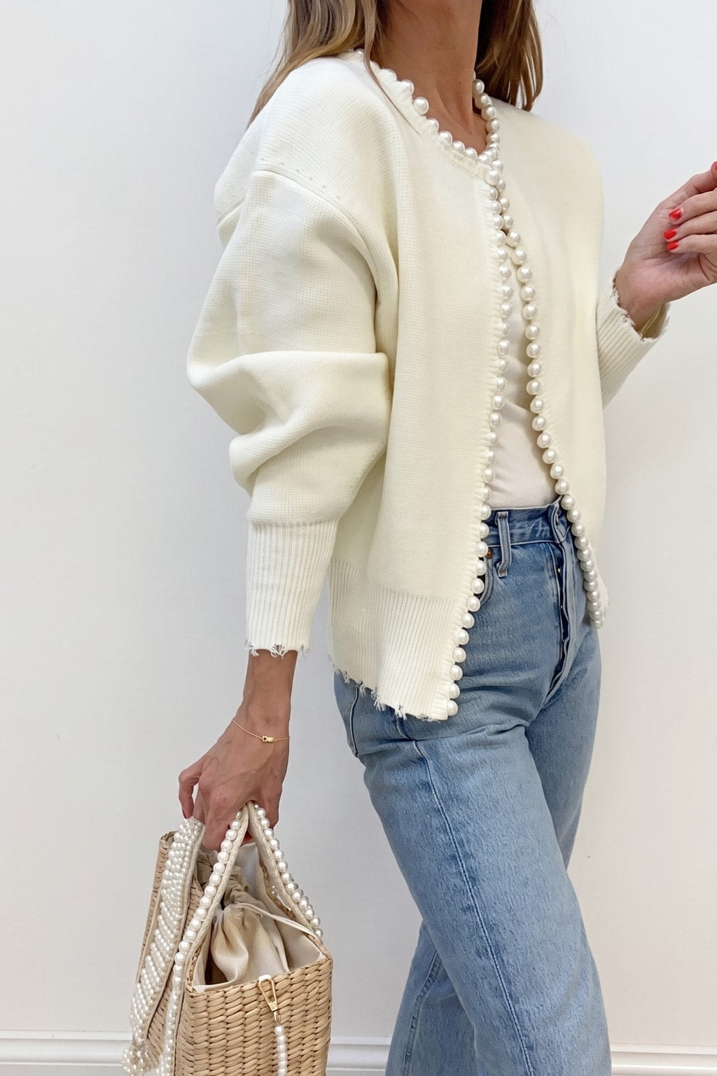 White Knit Cardigan With Pearl Trim - 4