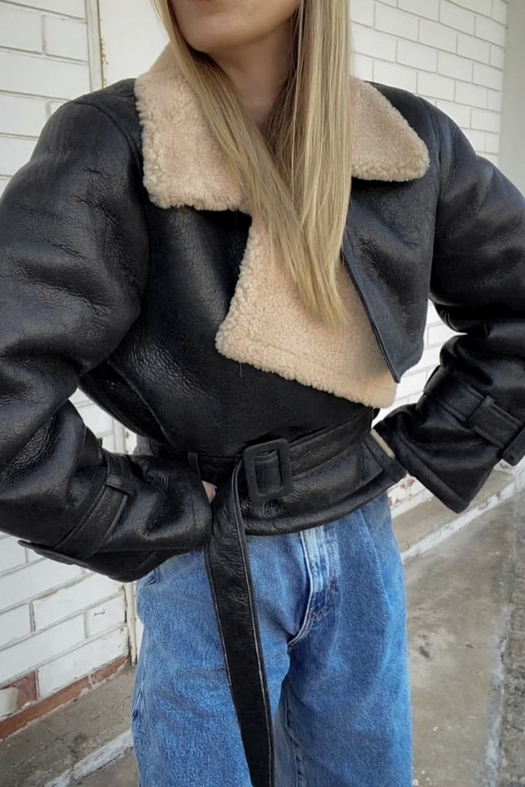 Faux Leather Flight Jacket With Plush Lining - 4