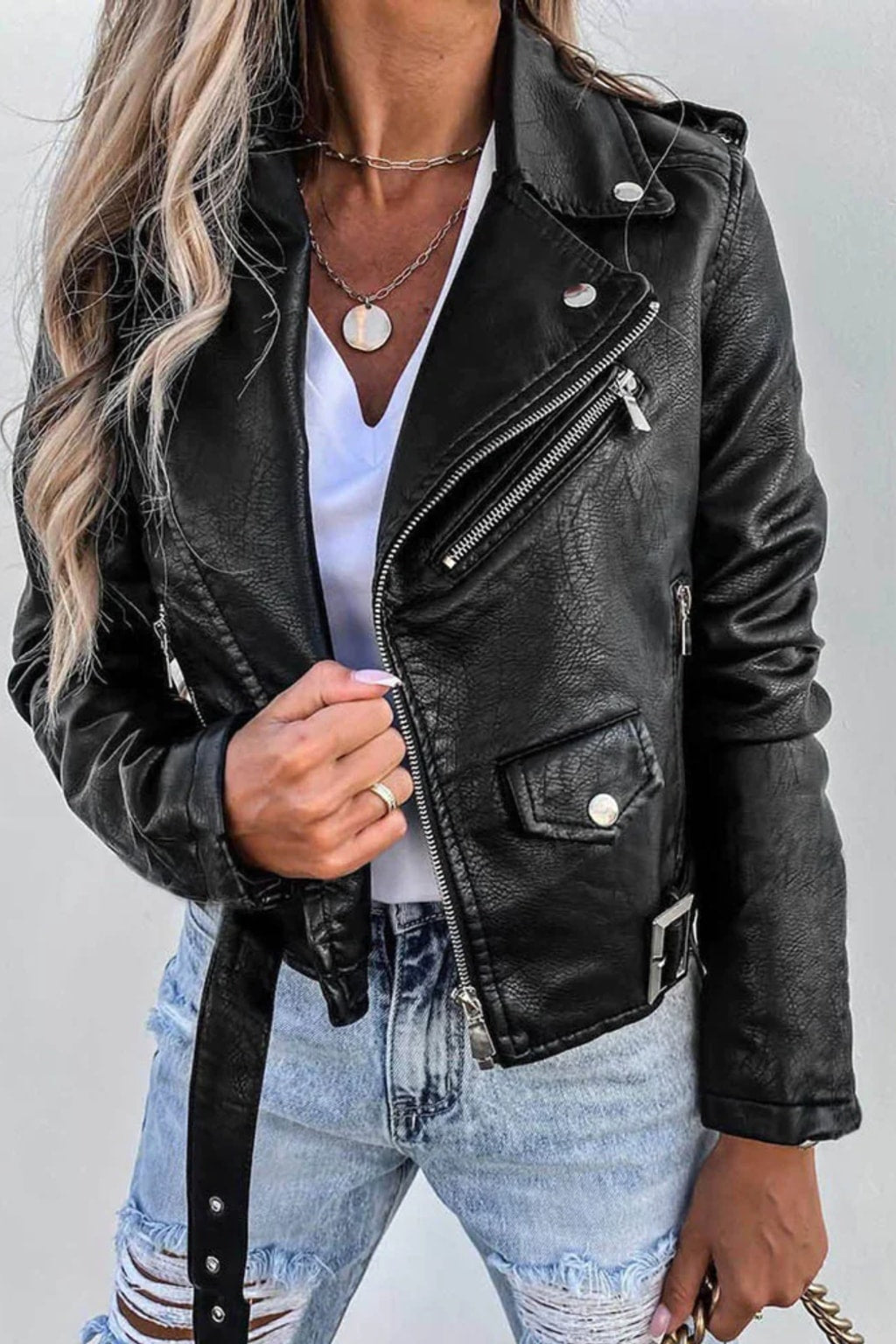 Timeless Leather Jacket With Stand Collar And Belt - 4