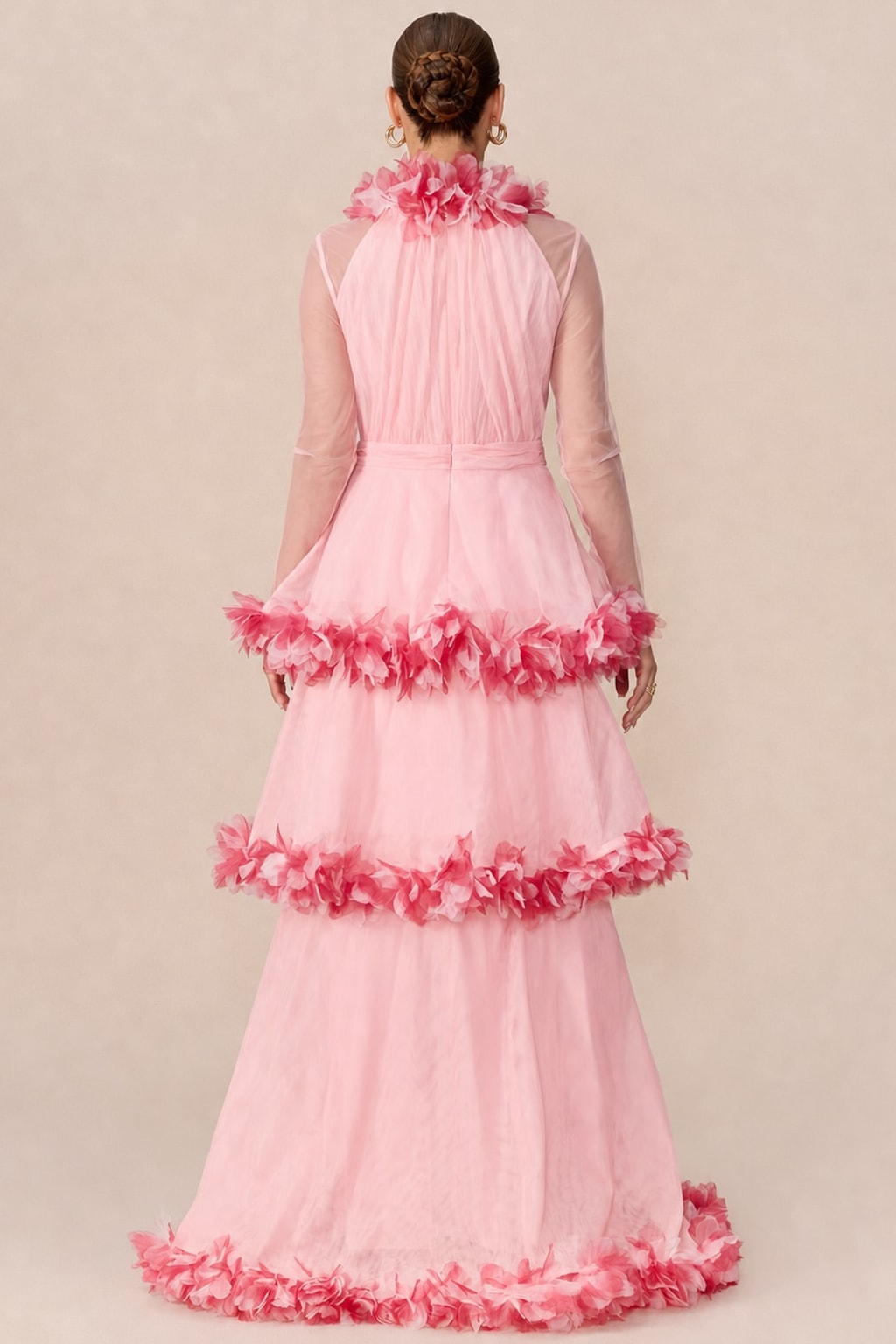 Mesh Tiered Maxi Dress With Floral Trim - 4