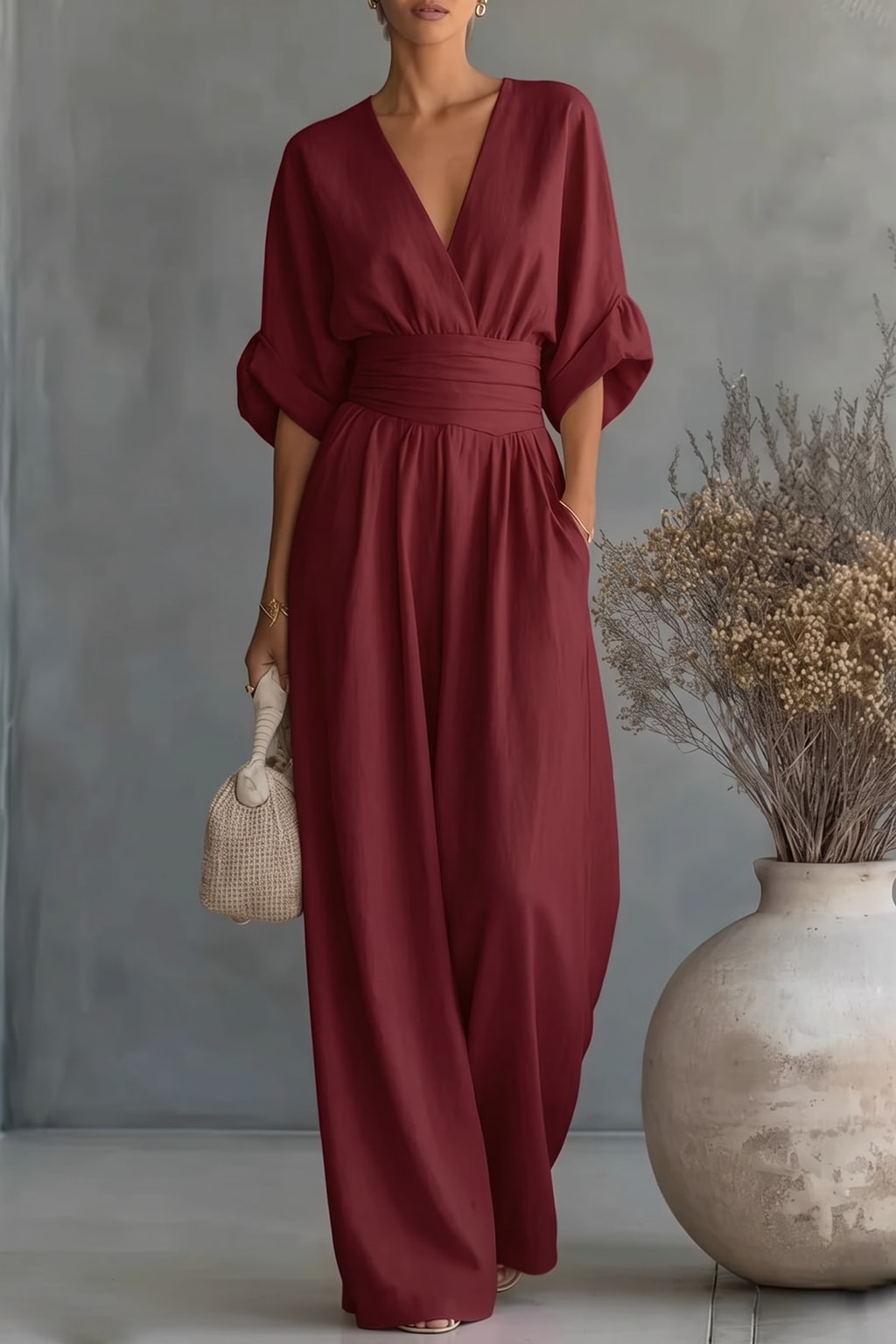 Effortless Flowy Wide-Leg Wrap Jumpsuit With V-Neck - 4