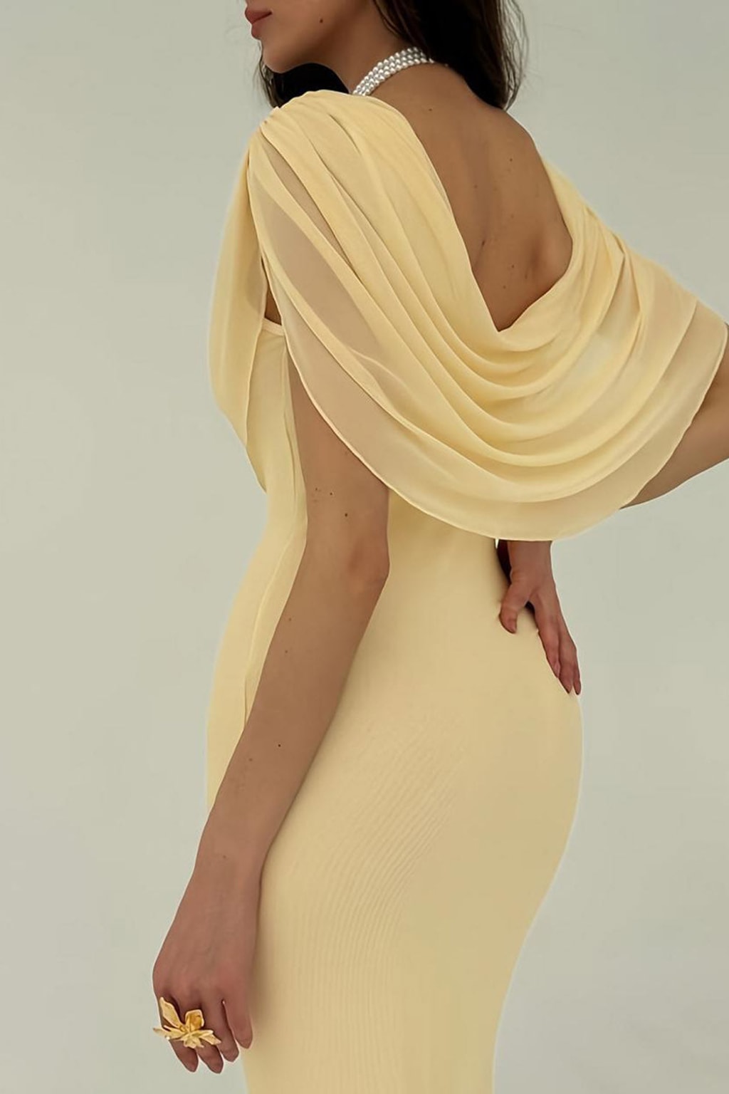 Yellow Cowl Neck Maxi Dress With Pleated Waist - 4