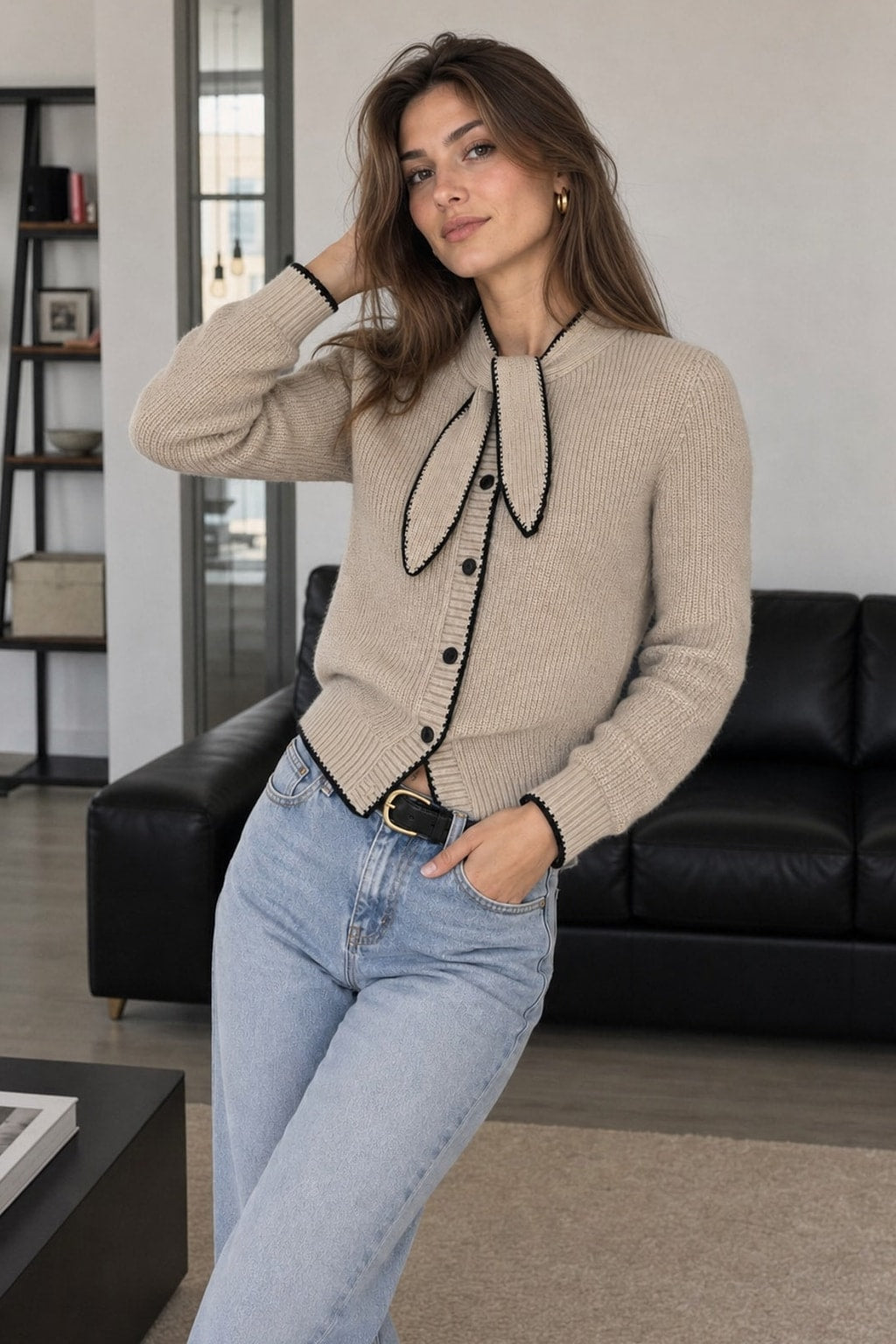 Wool Blend Tie-Neck Cardigan With Contrast Trim - 4