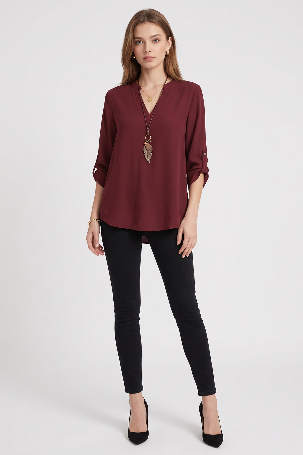 Elegance V-Neck Blouse With Roll-Tab Sleeves - 4