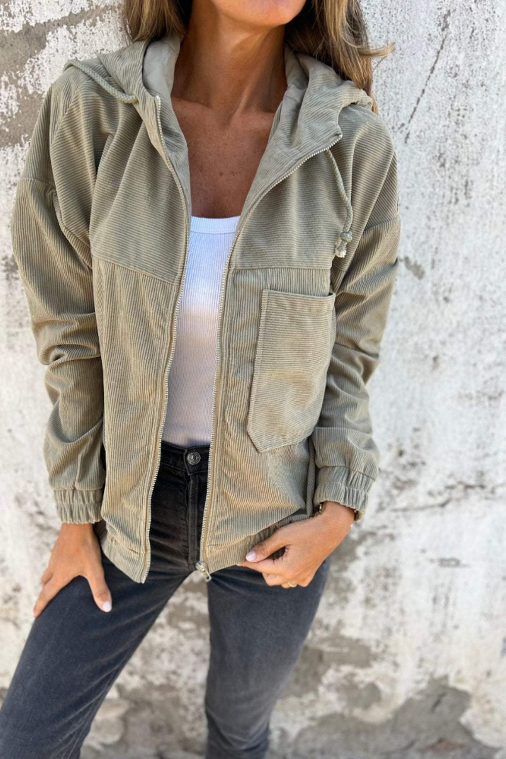 Corduroy Zip-Up Hooded Jacket with Relaxed Fit - 4