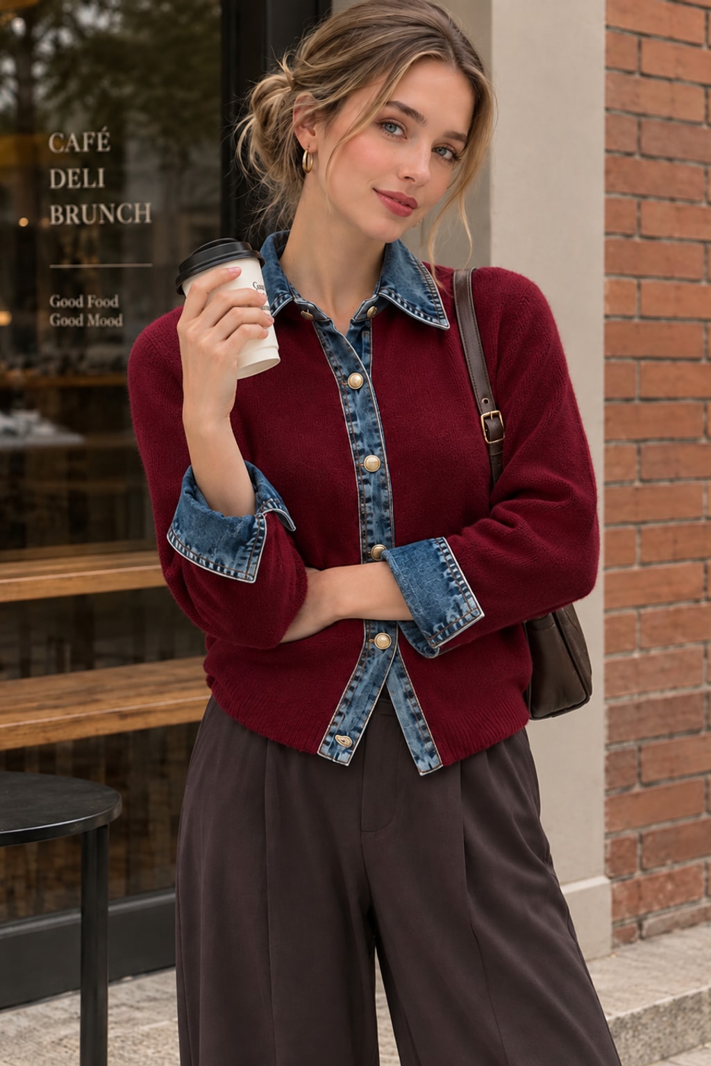 Denim Knit Patchwork Button Cardigan - 9
