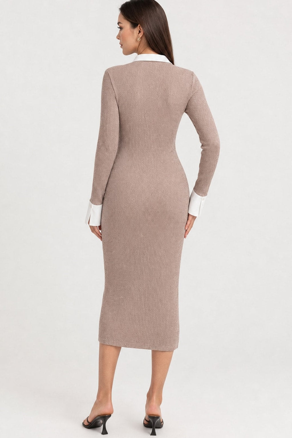 Elegant Khaki Knit Patchwork V-Neck Midi Dress - 4
