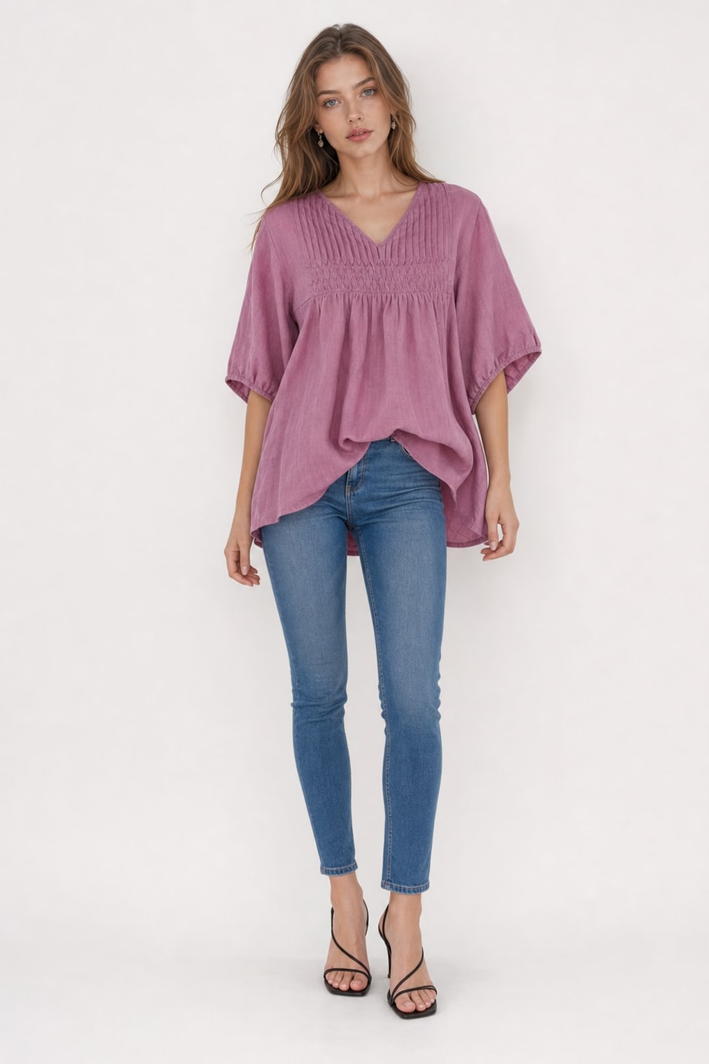 Effortless Cotton Linen Blouse With Smocked High-Low Hem - 4
