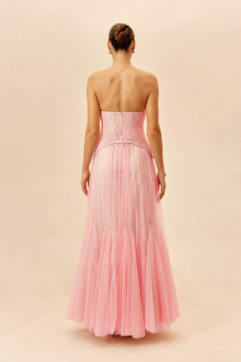 Pink Lace Bustier Maxi Dress With Flowy Organza Skirt - 4
