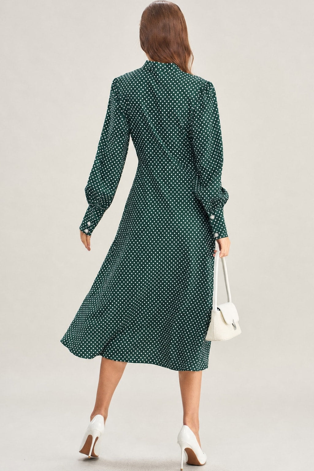 Green Polyester Tie-Neck Midi Dress - 4