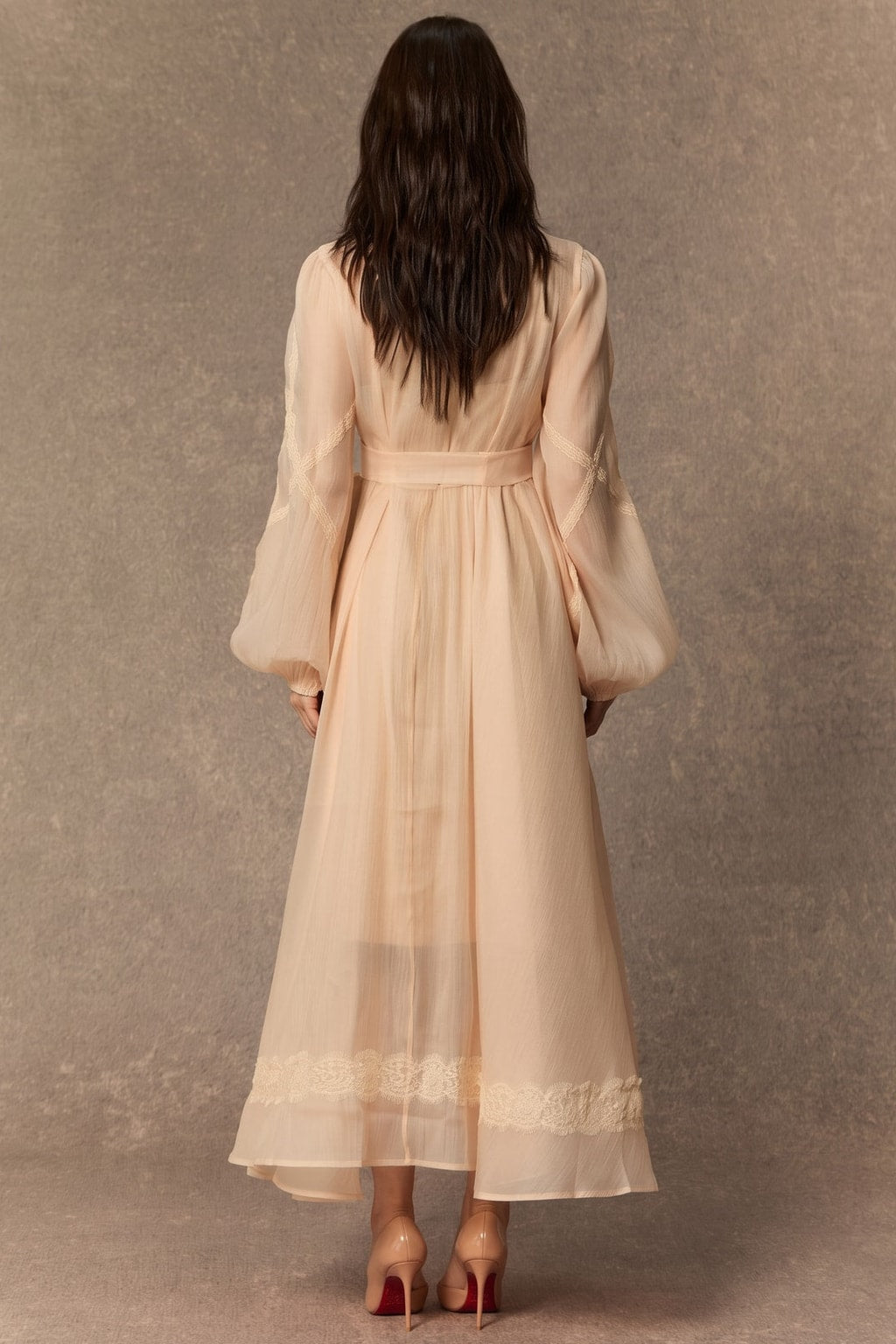 Lace Panel Maxi Dress with Tie-Neck Bow - 4