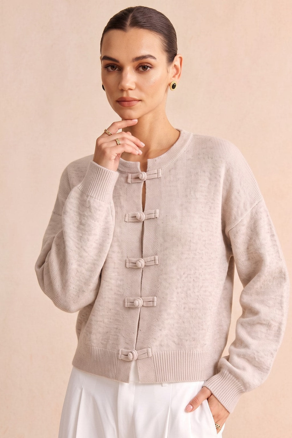Beige Knit Round-Neck Frogging Cardigan - 4