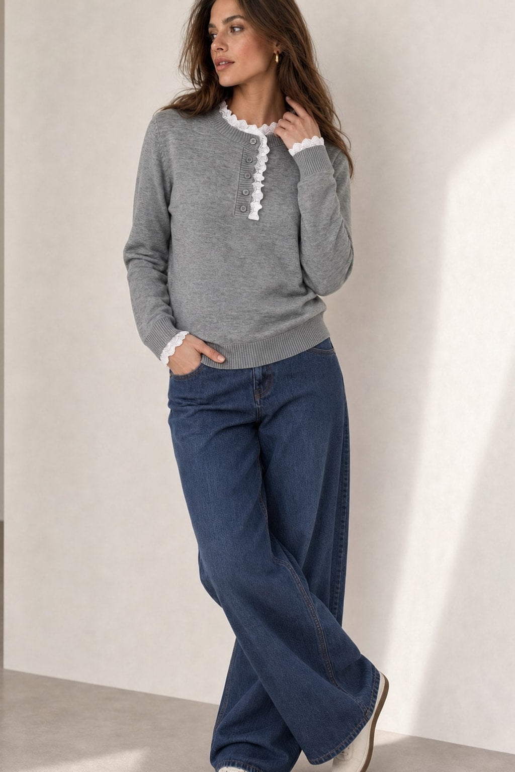 Knit Henley Sweater With Lace Trim Neckline - 4